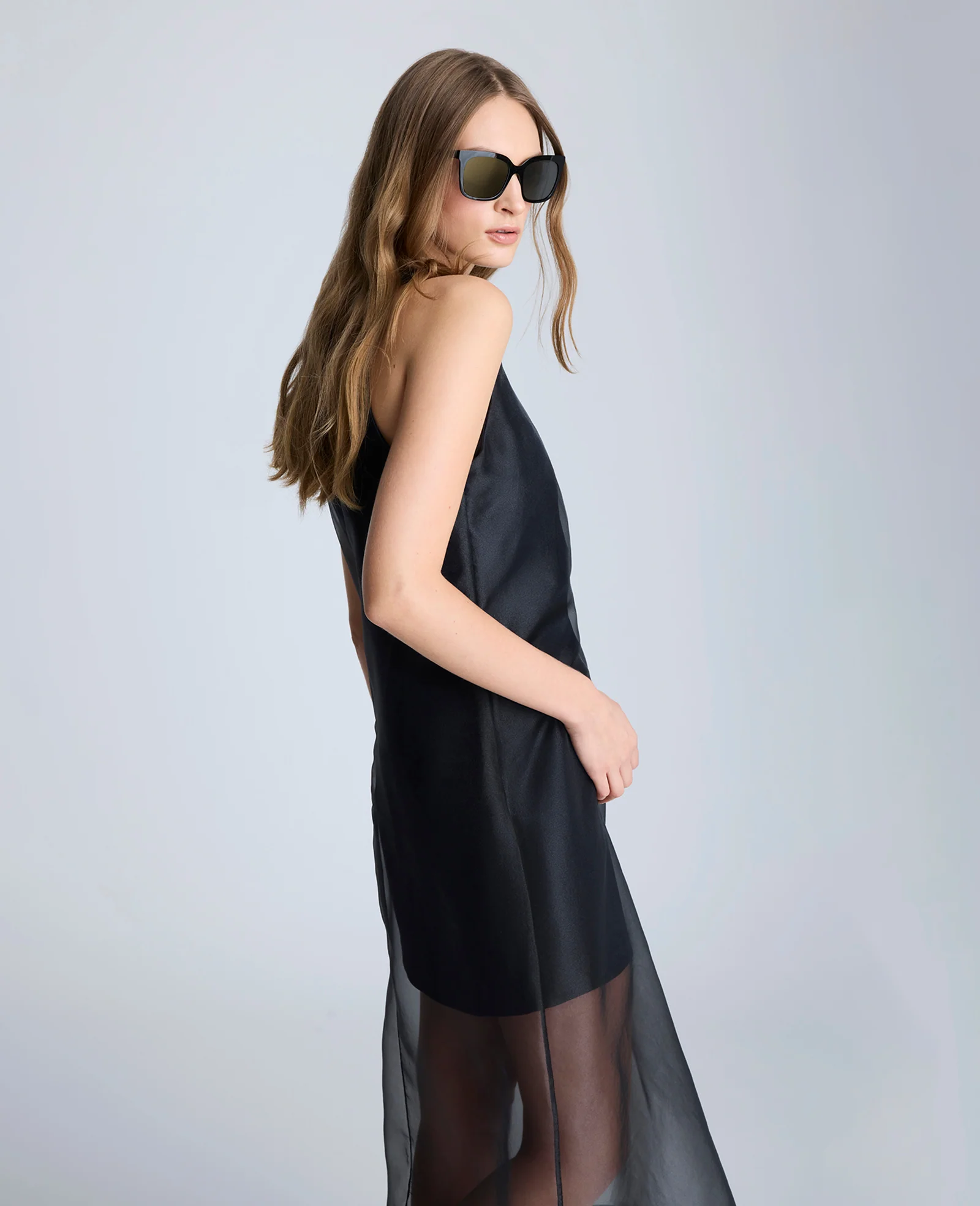 Boat Neck Mini Dress with Sheer Overlay - Image 3