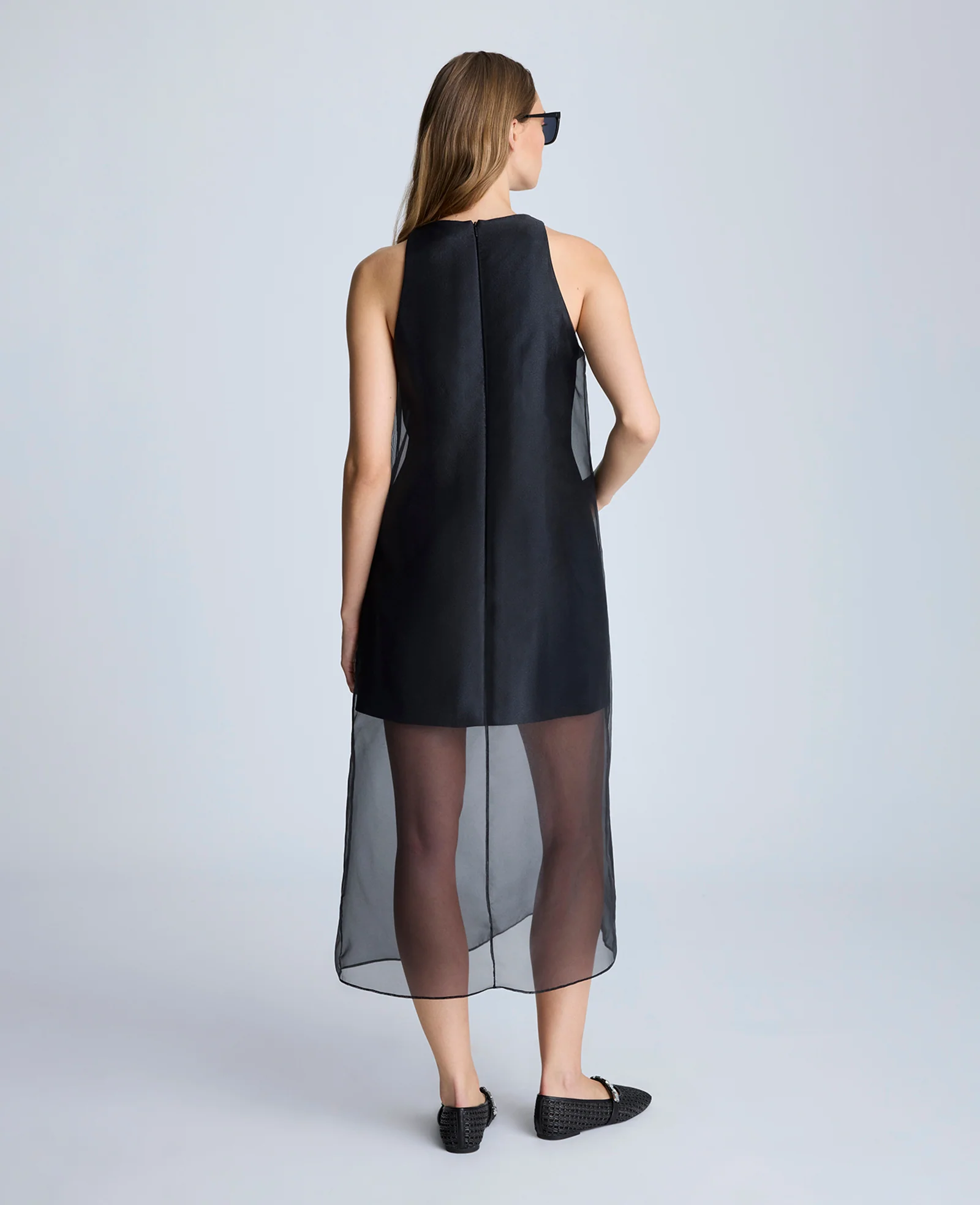 Boat Neck Mini Dress with Sheer Overlay - Image 4