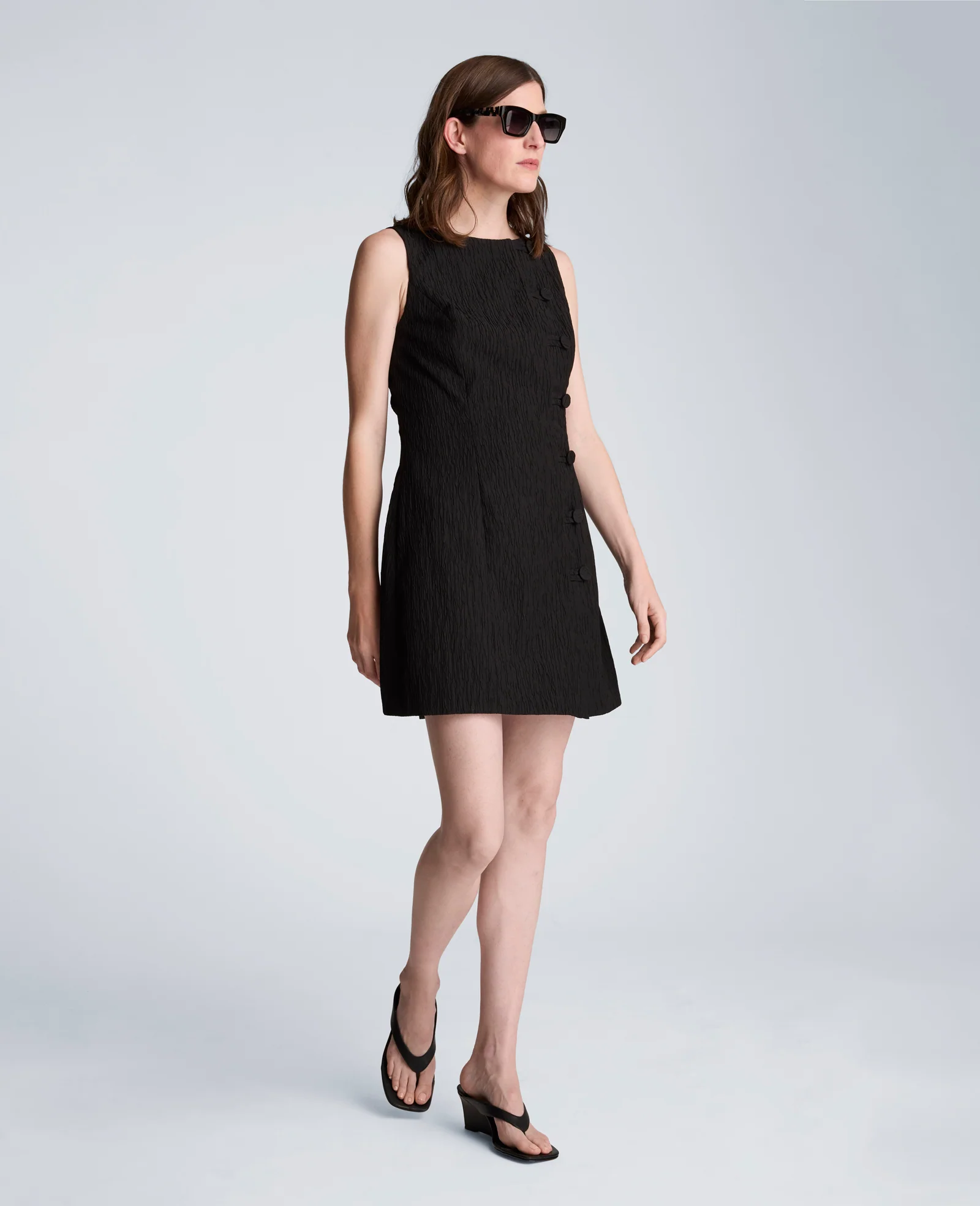 Button Front Boat Neck Sheath Short Cotton Cloque Dress - Image 3