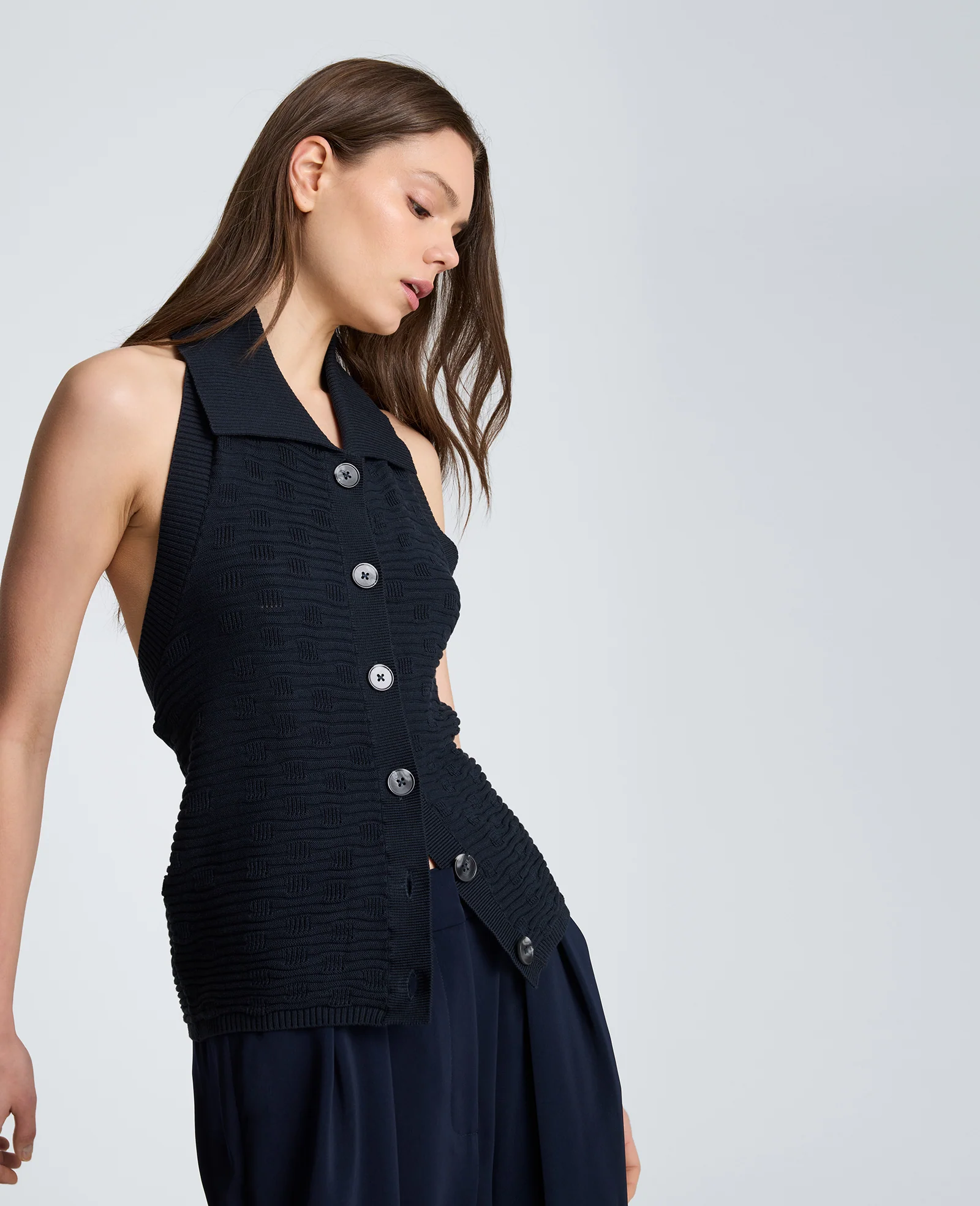 Collared Halter Sweater with Button Front - Image 3