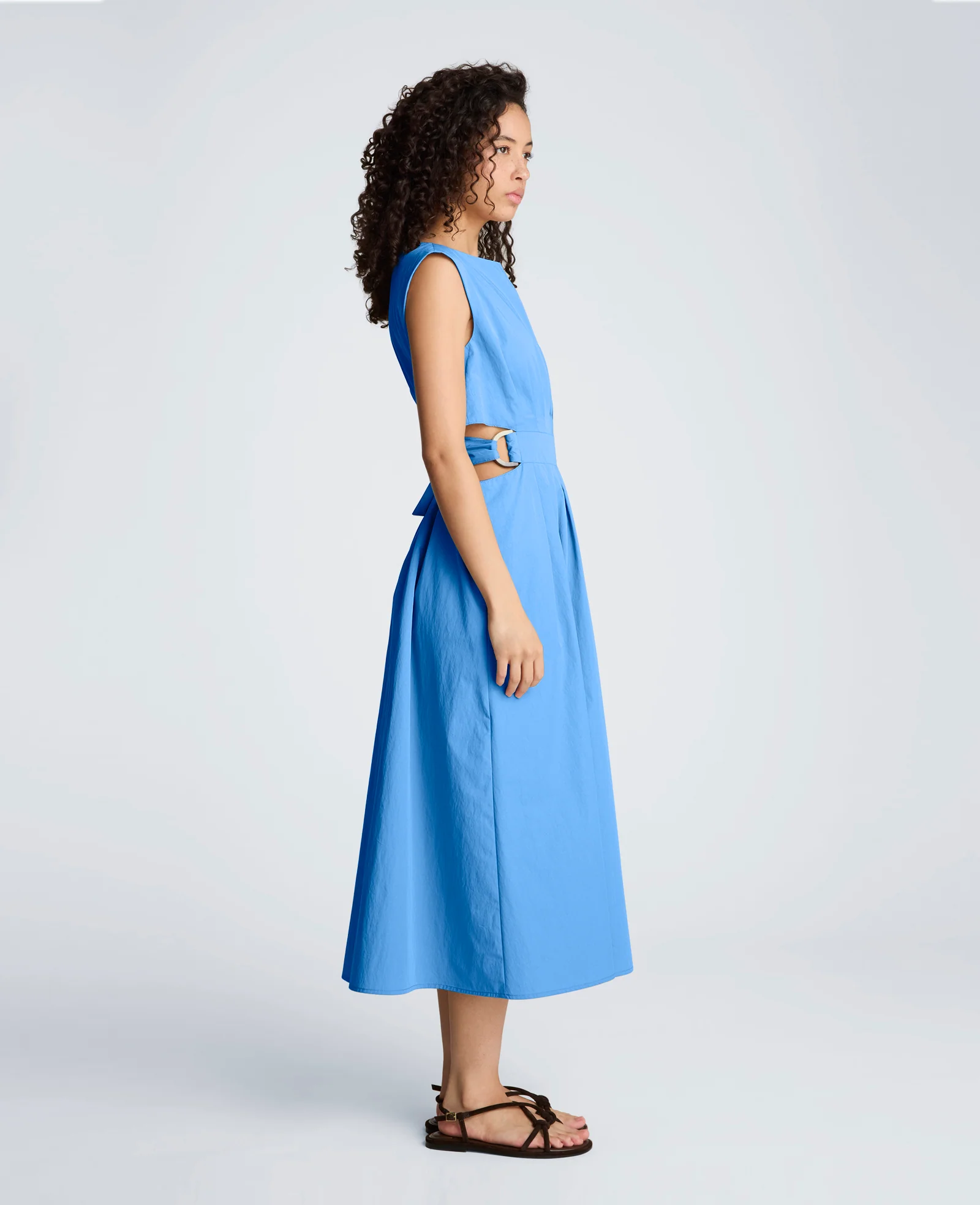 Cotton Poplin Sleeveless D-Rings Tie Midi Dress - Image 3