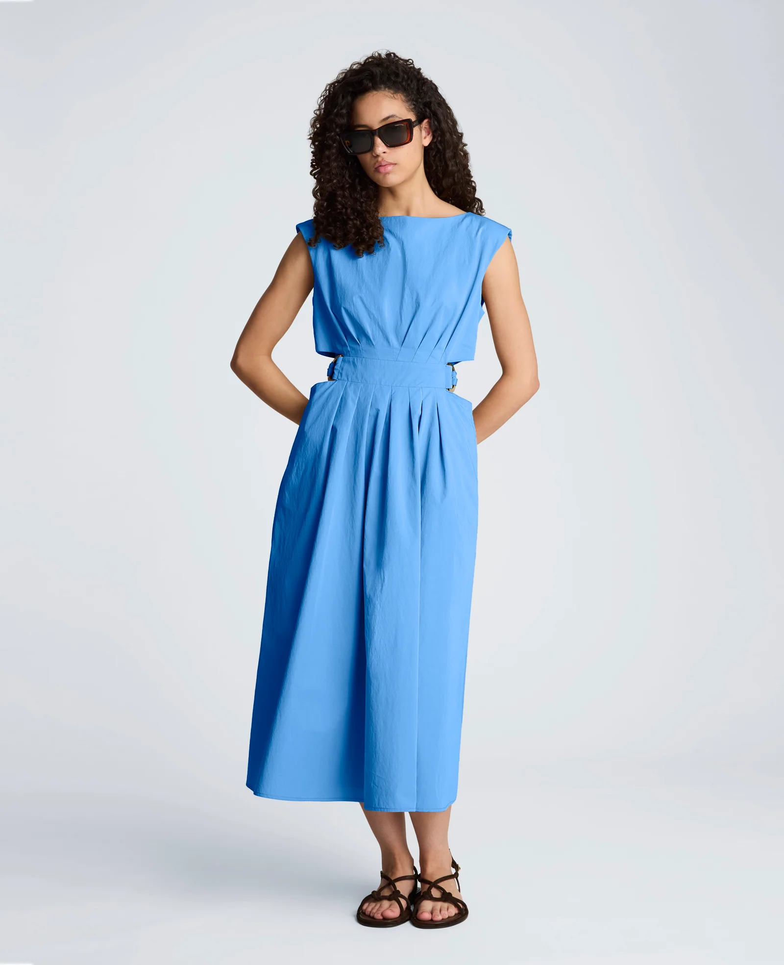 Cotton Poplin Sleeveless D-Rings Tie Midi Dress - Image 6