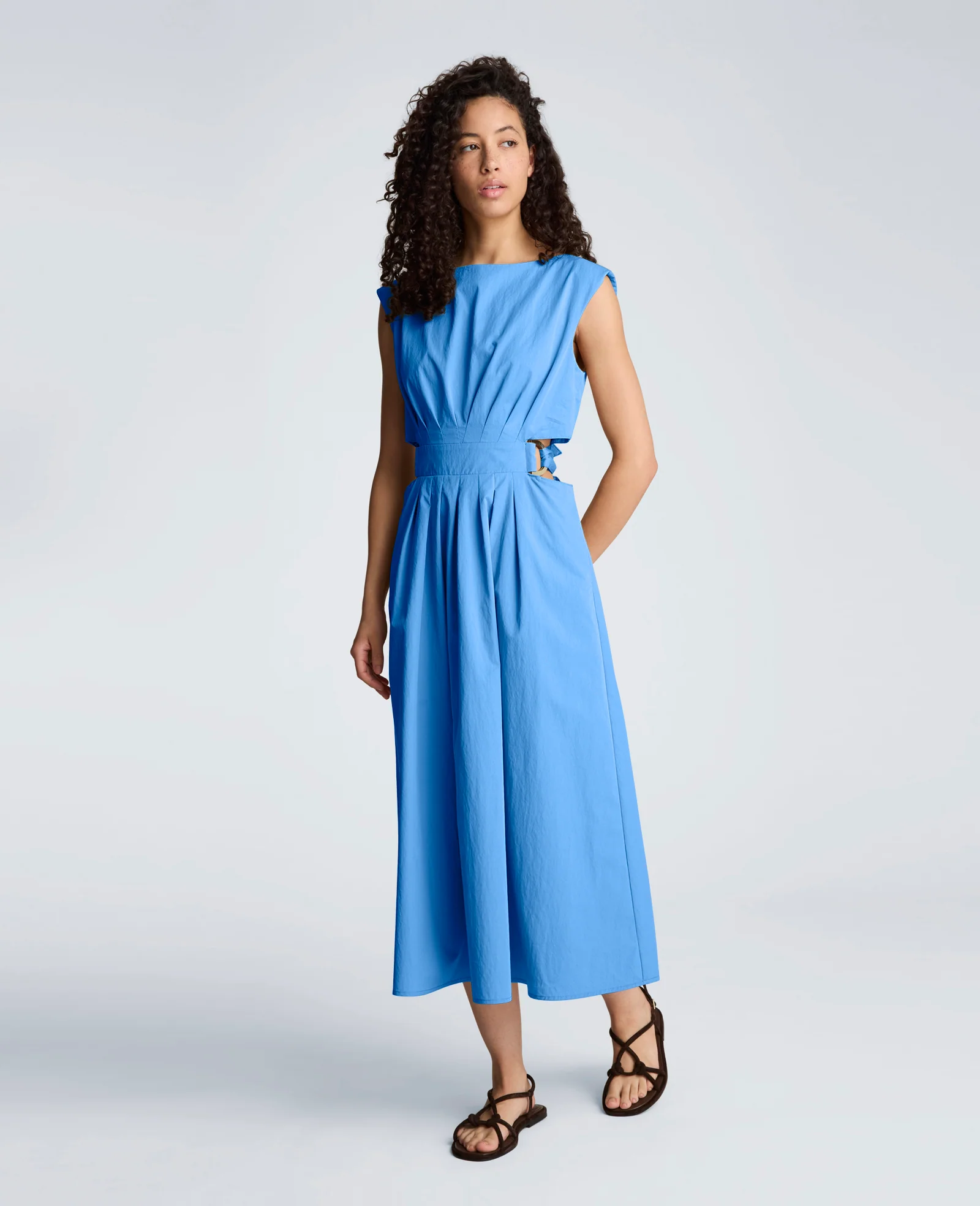 Cotton Poplin Sleeveless D-Rings Tie Midi Dress - Image 7