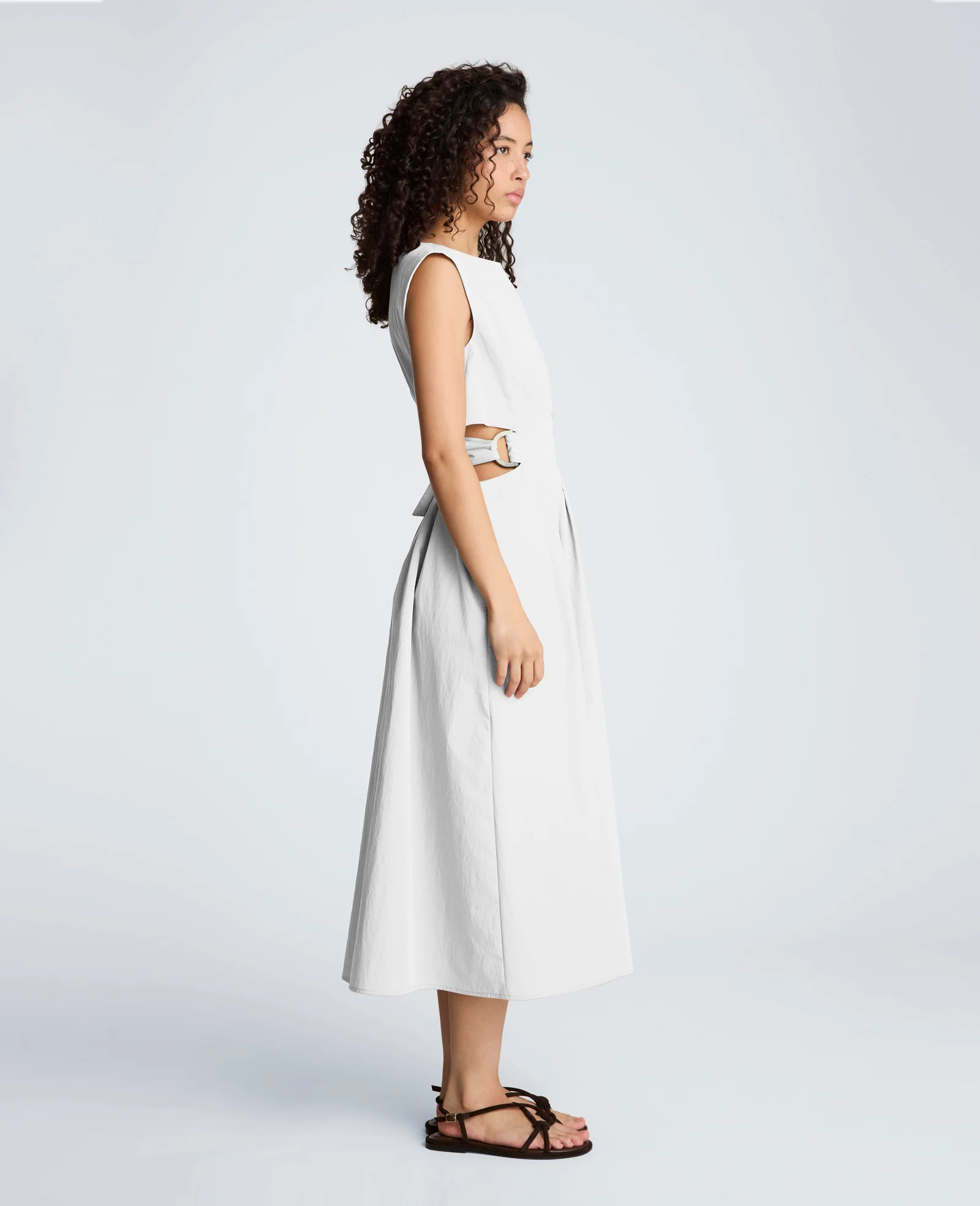 Cotton Poplin Sleeveless D-Rings Tie Midi Dress - Image 3