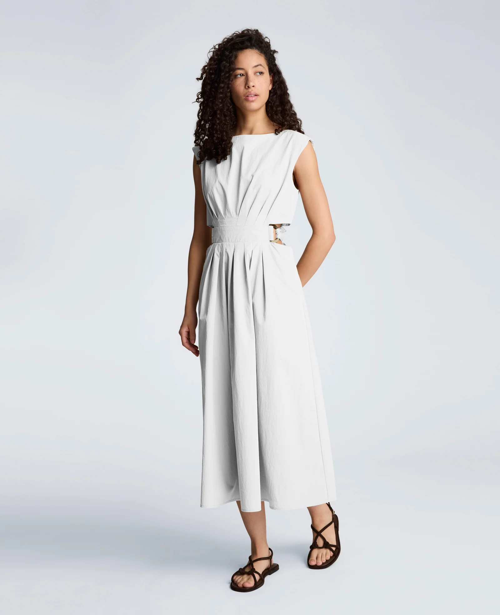Cotton Poplin Sleeveless D-Rings Tie Midi Dress - Image 4