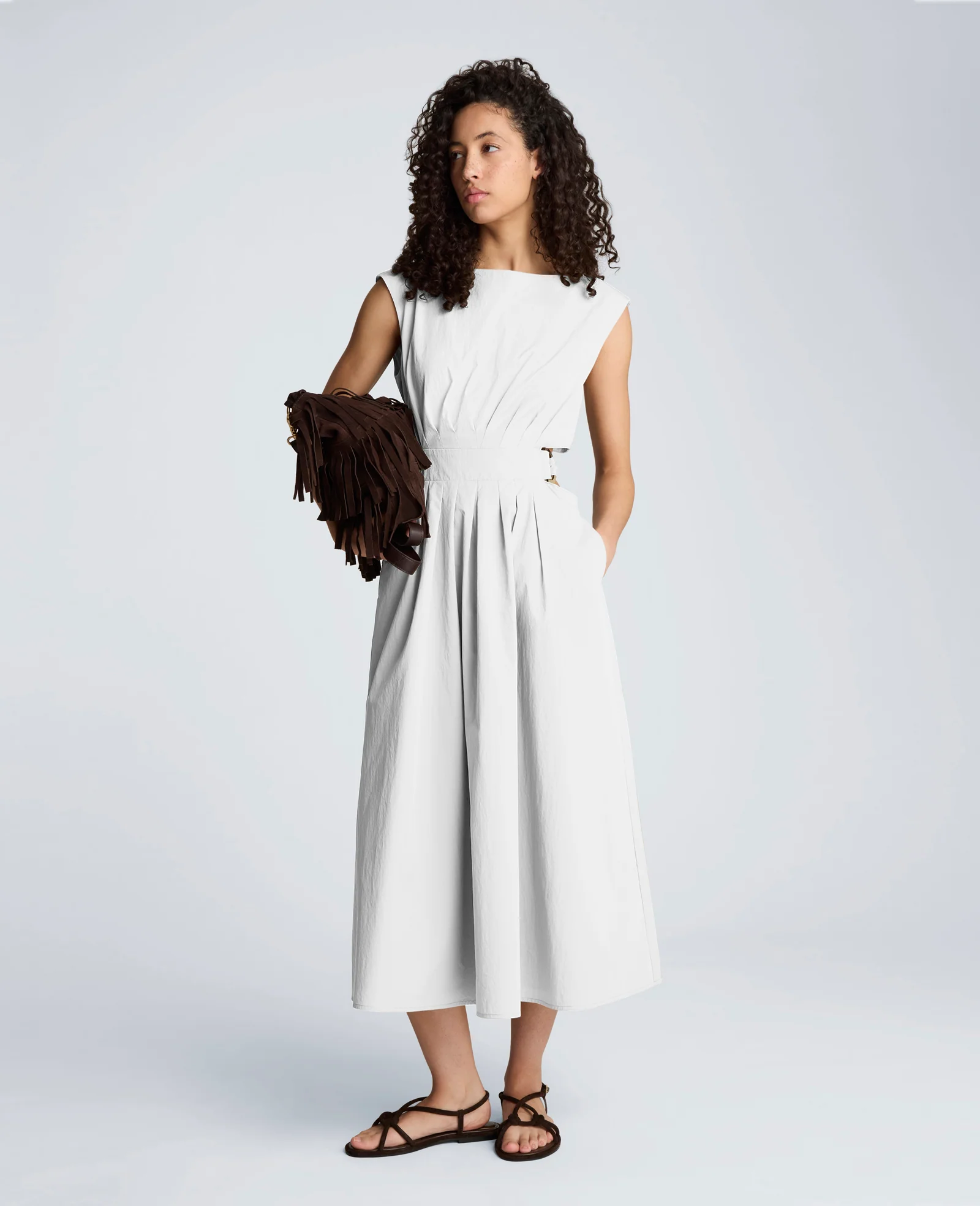 Cotton Poplin Sleeveless D-Rings Tie Midi Dress - Image 6