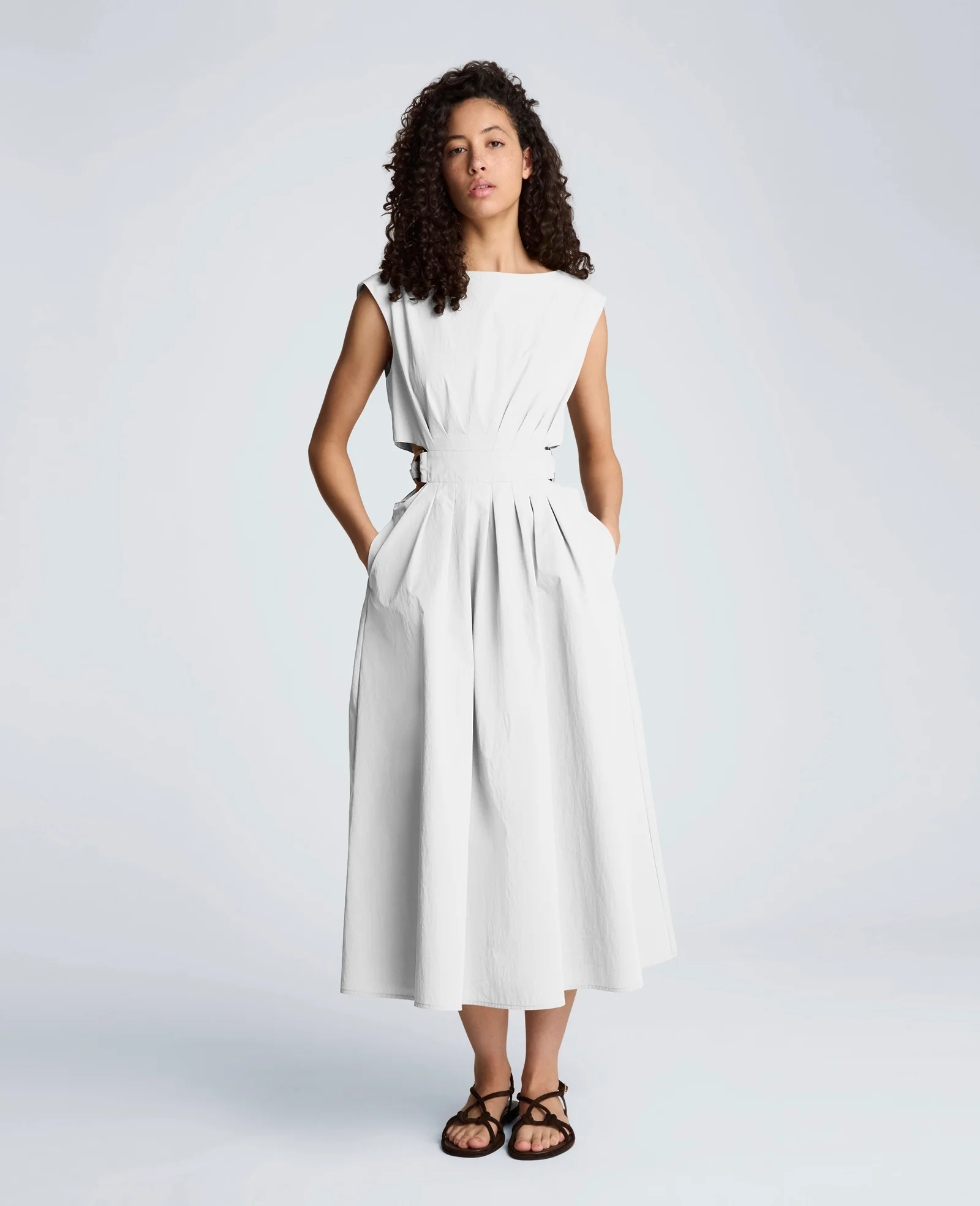 Cotton Poplin Sleeveless D-Rings Tie Midi Dress - Image 7