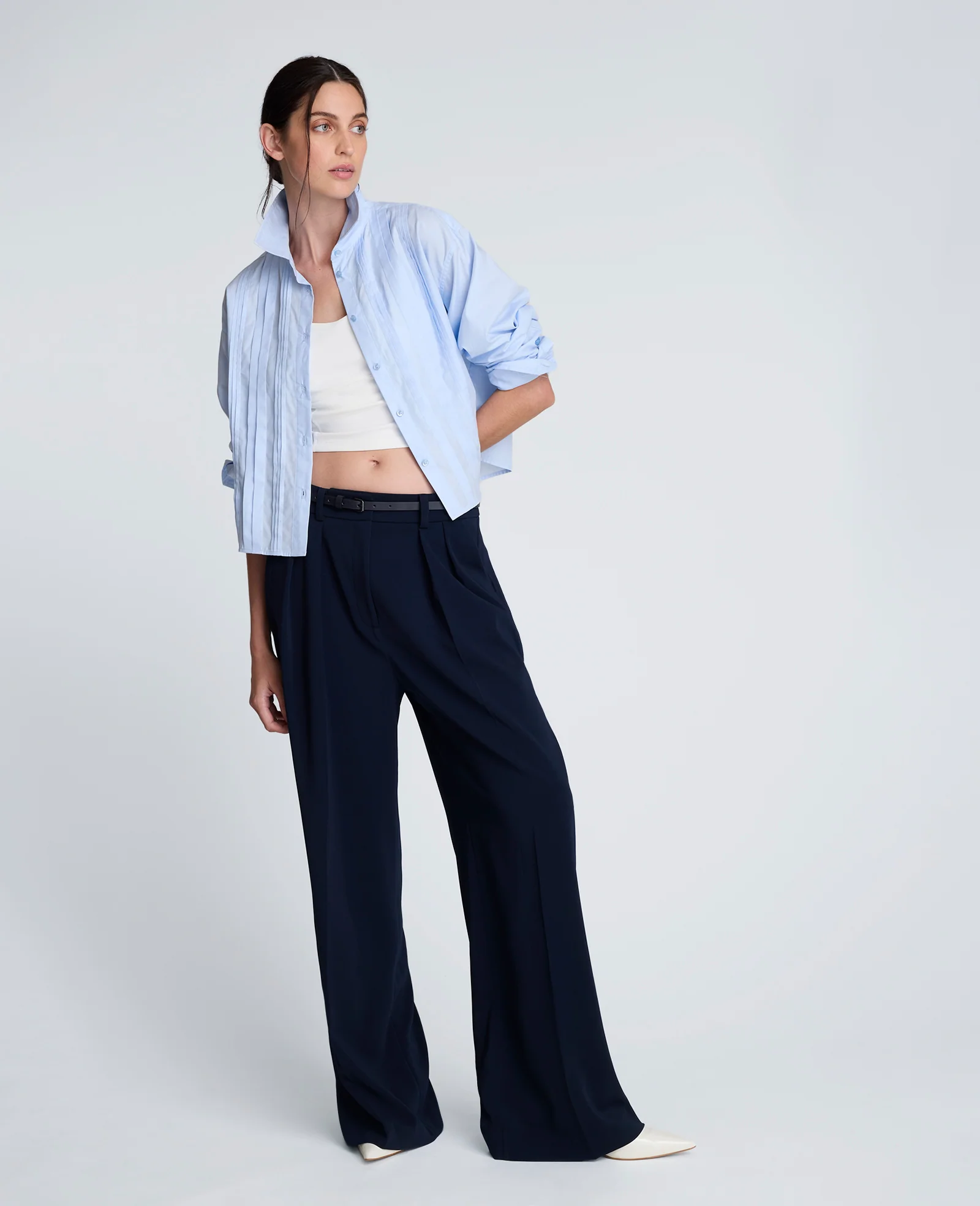 Cropped Tuxedo Style Long Sleeve Button Down Blouse - Image 3