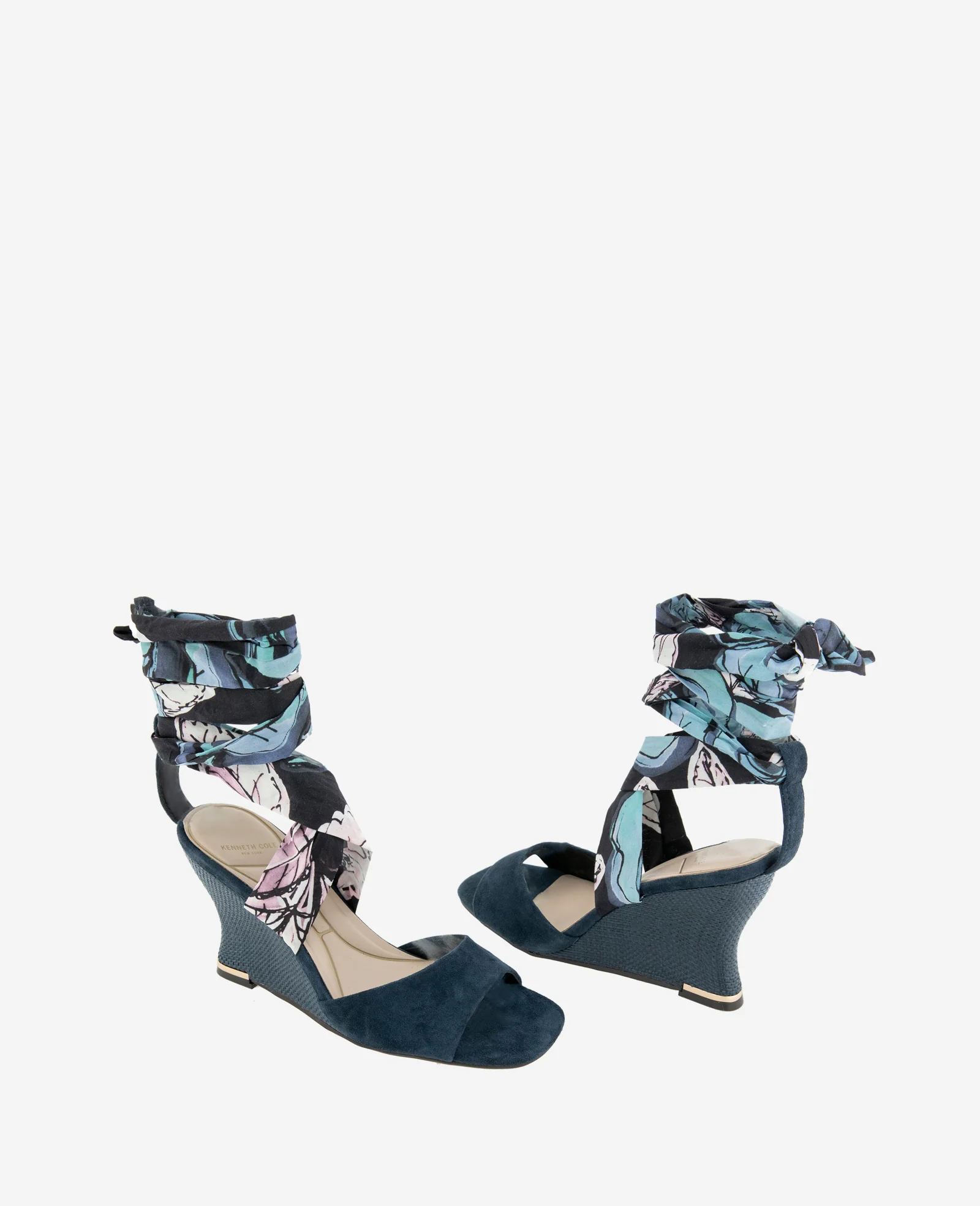 Fabia Printed Fabric Wrap Around Suede & Raffia Wedge - Image 3