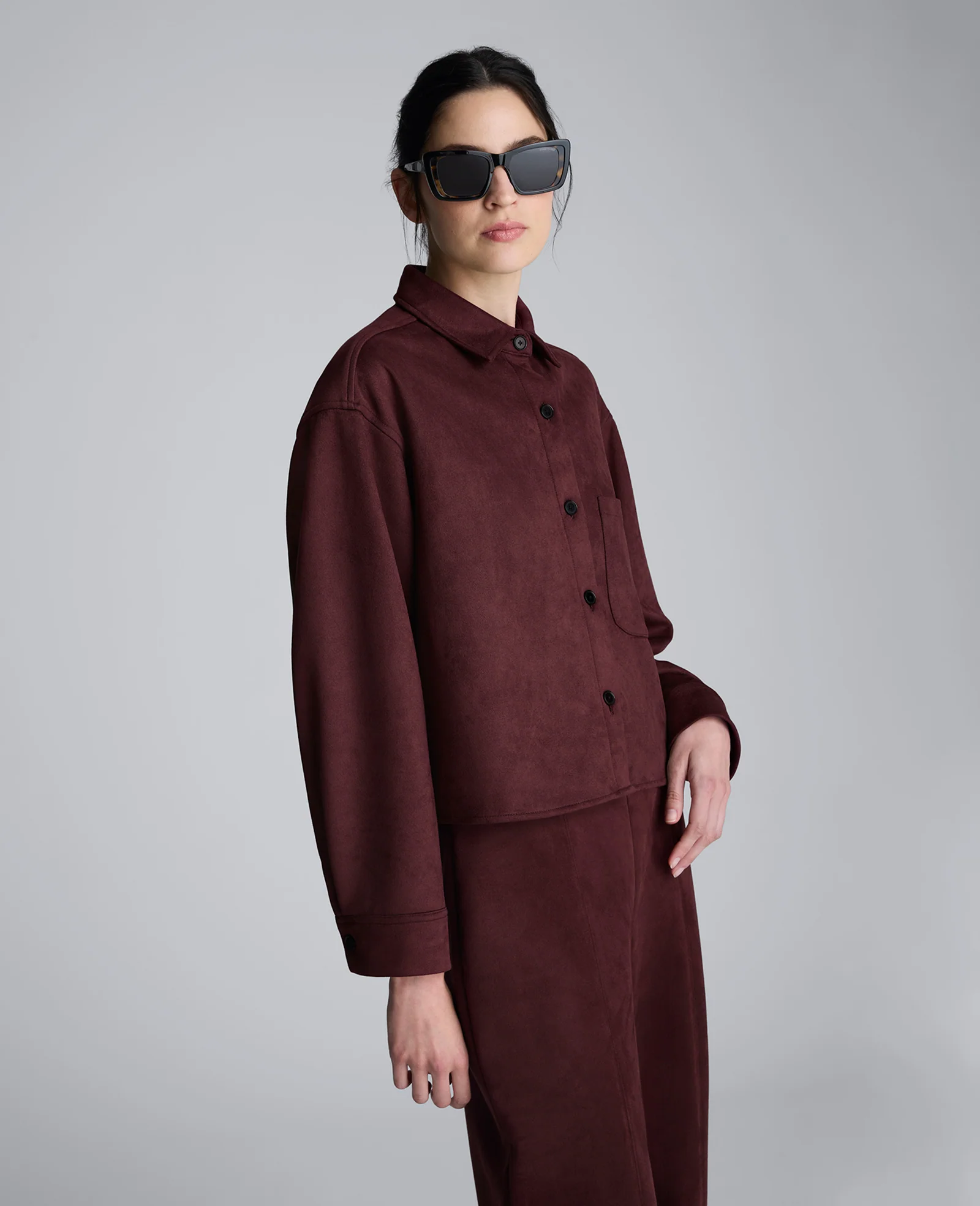 Faux Suede Button Front Cropped Knit Shirt - Image 3