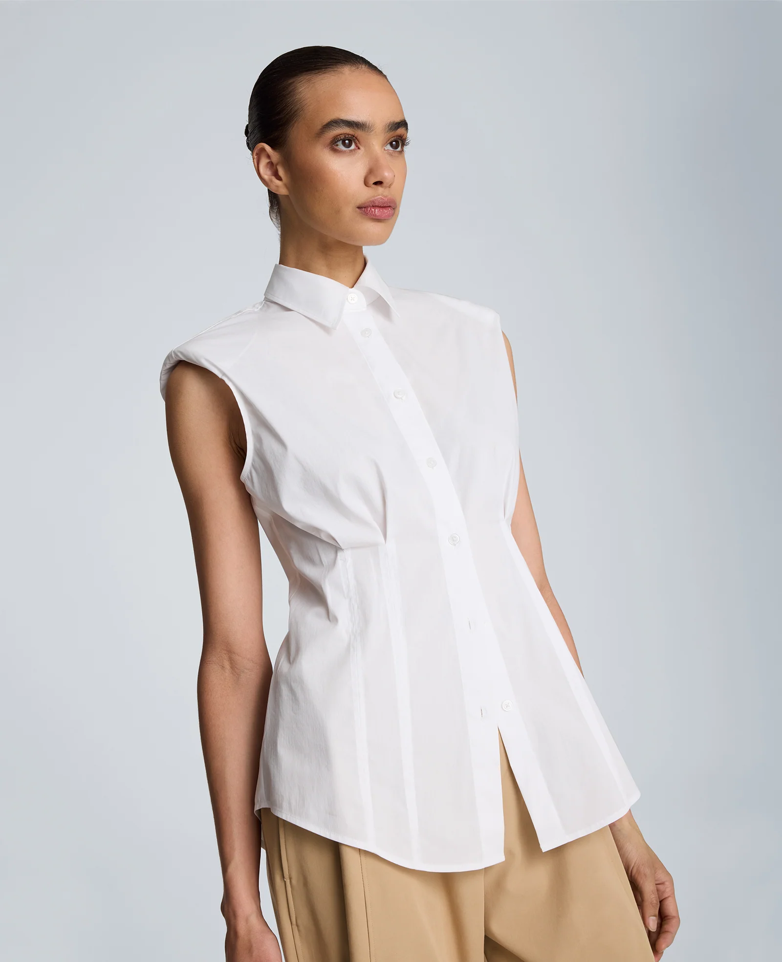 Fitted Pleat Body Sleeveless Button Front Shirt - Image 3
