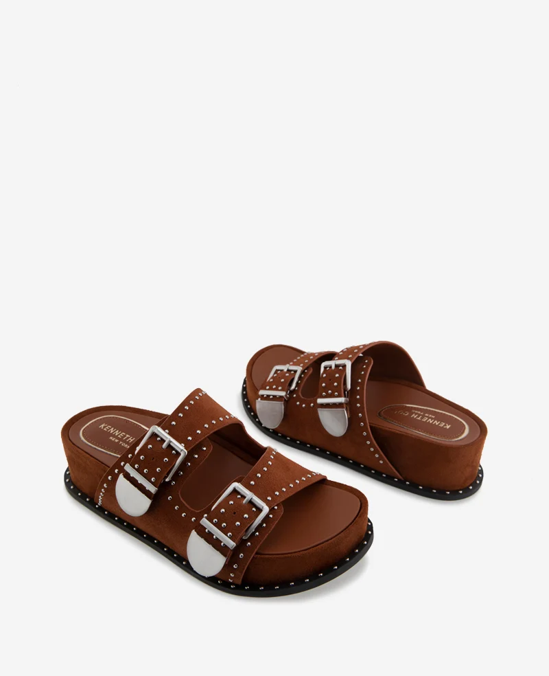 Gradie Double Buckle Studded Suede Platform Slide Sandal - Image 2