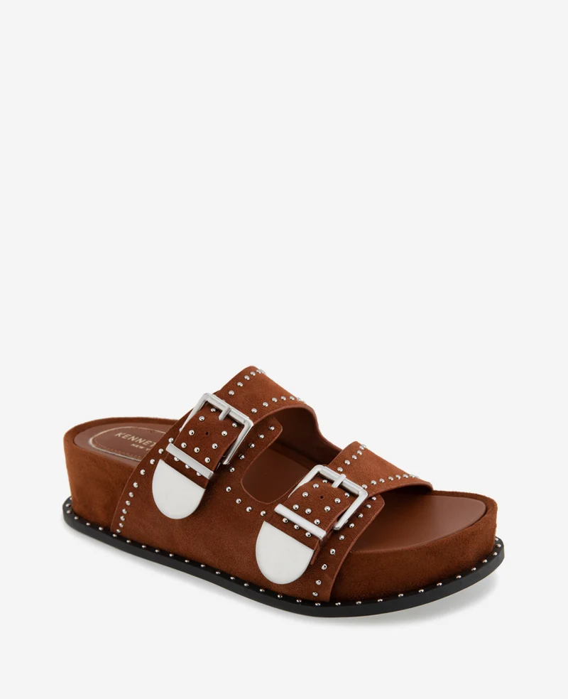 Gradie Double Buckle Studded Suede Platform Slide Sandal - Image 3