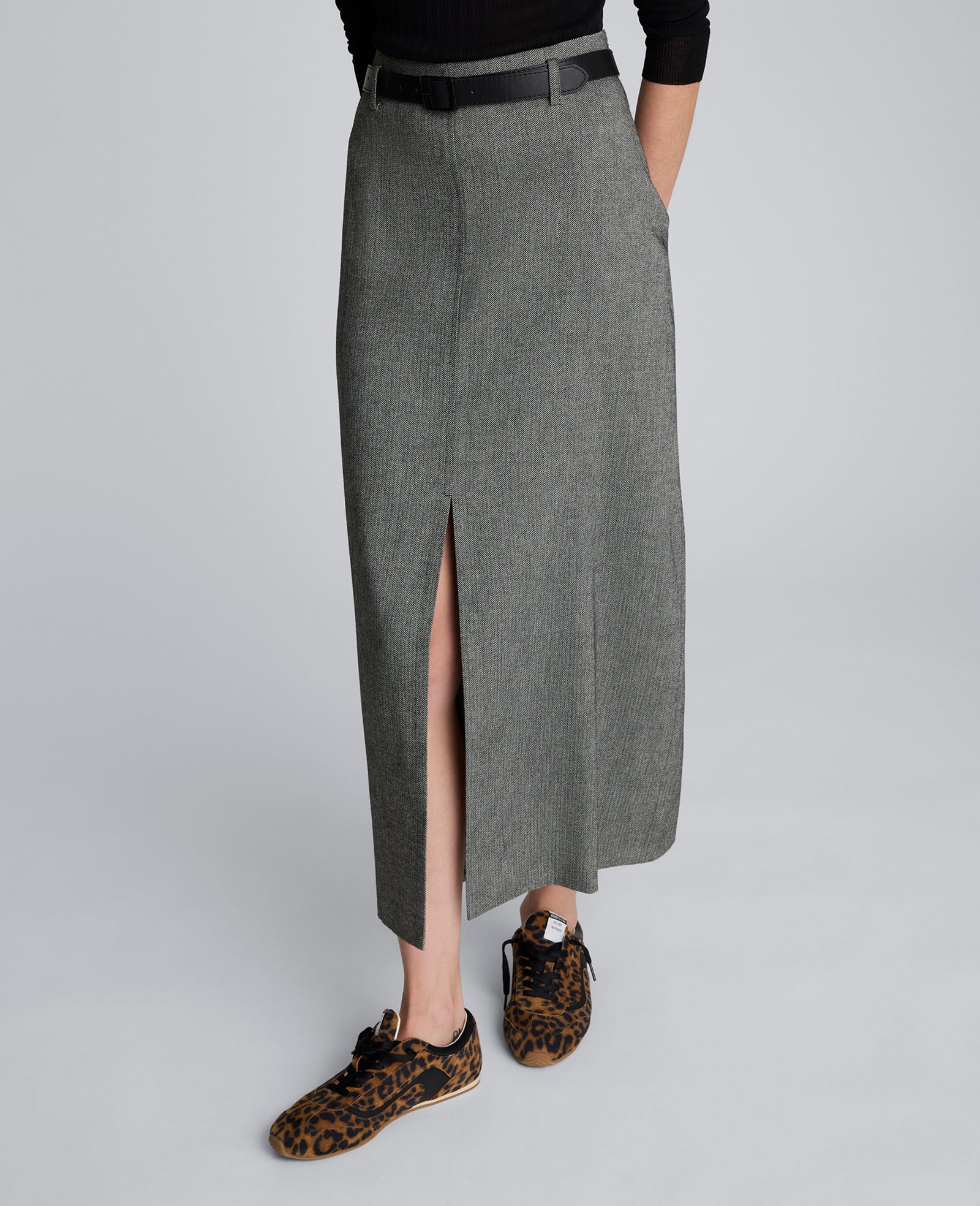 Herringbone Slit Front Belted Midi Skirt - Image 2