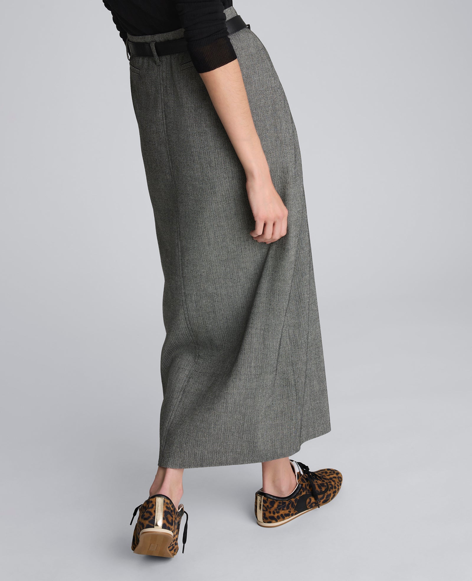 Herringbone Slit Front Belted Midi Skirt - Image 3