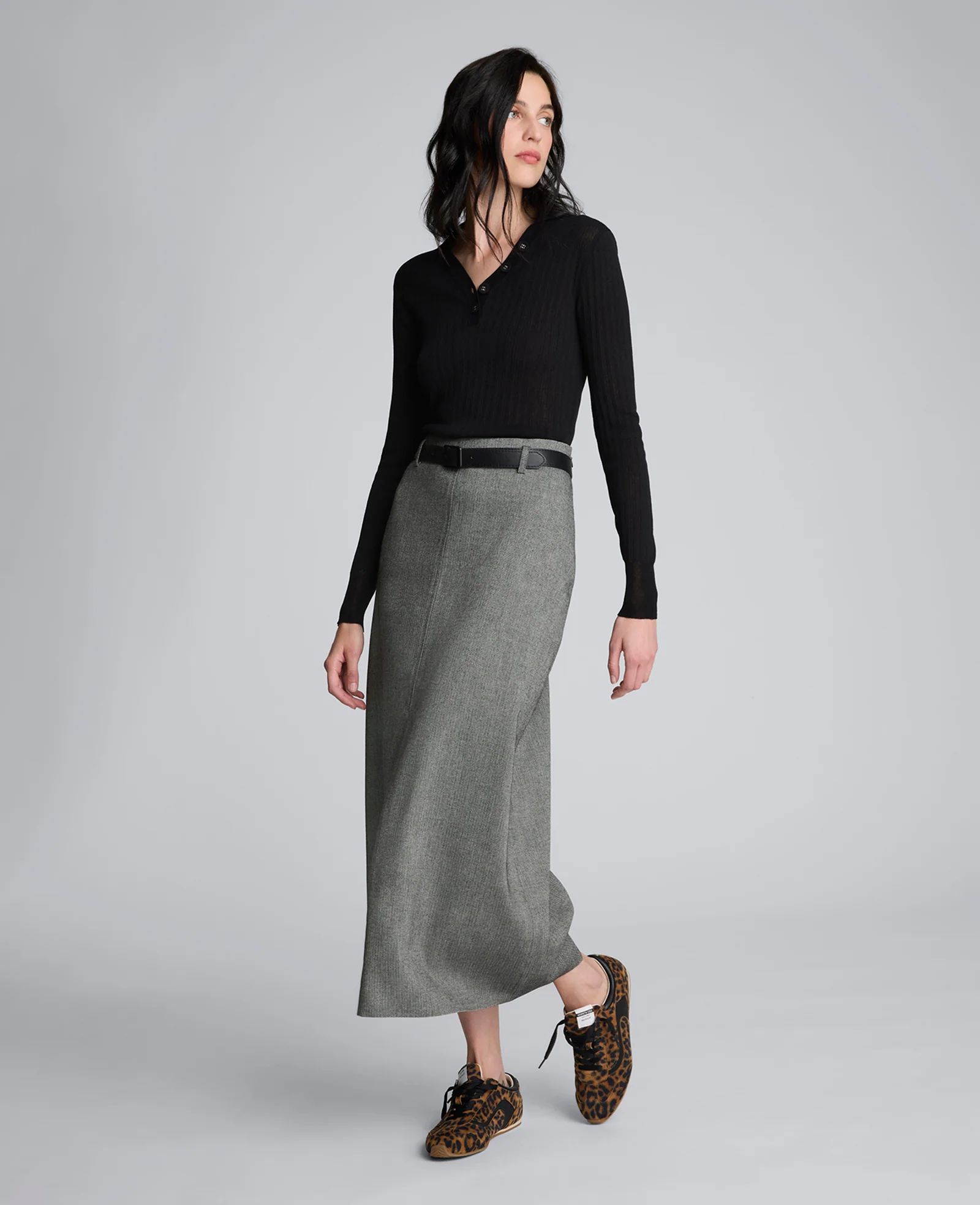 Herringbone Slit Front Belted Midi Skirt - Image 4