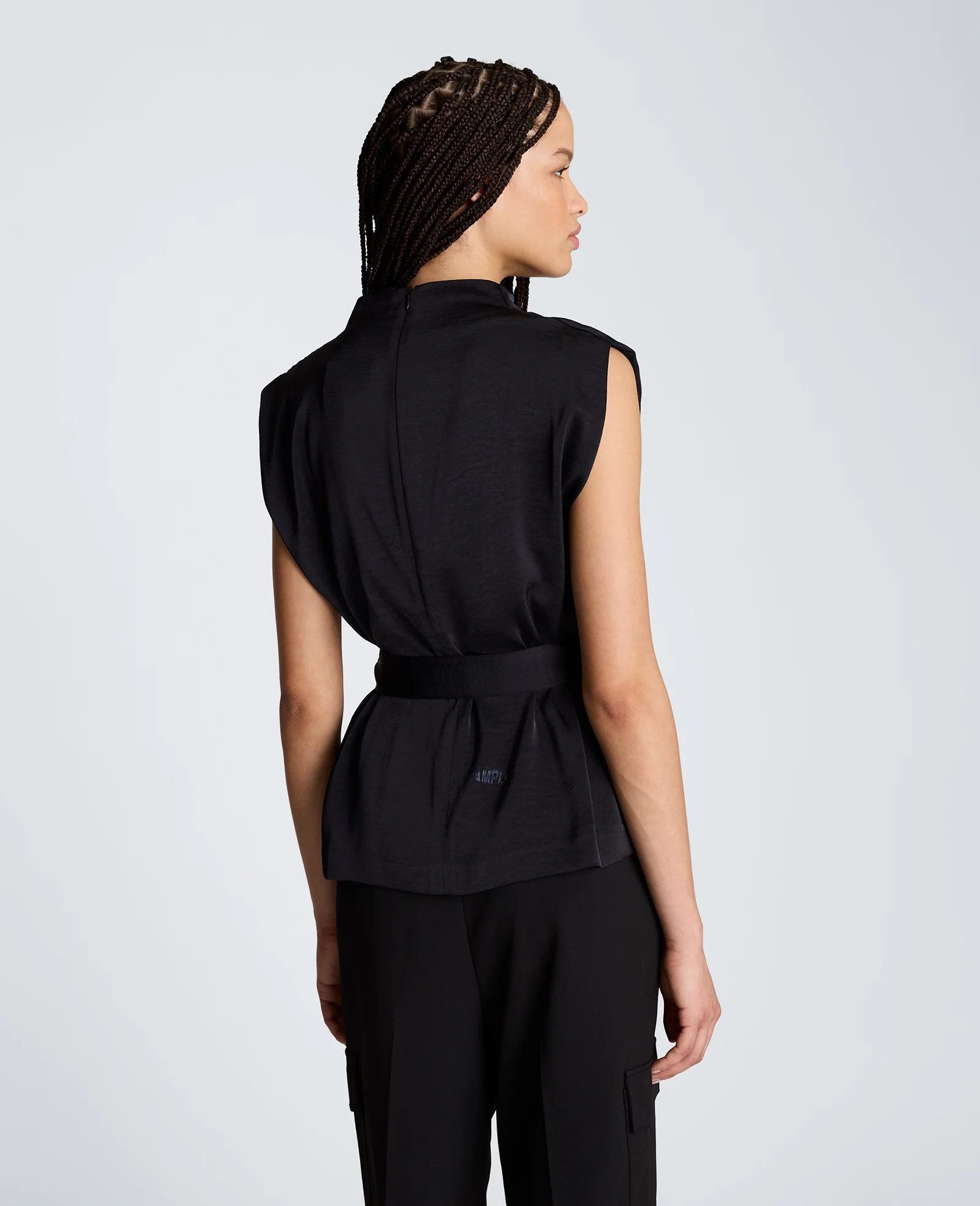 High Cowl Neck Belted Blouse with Chest Pockets - Image 2