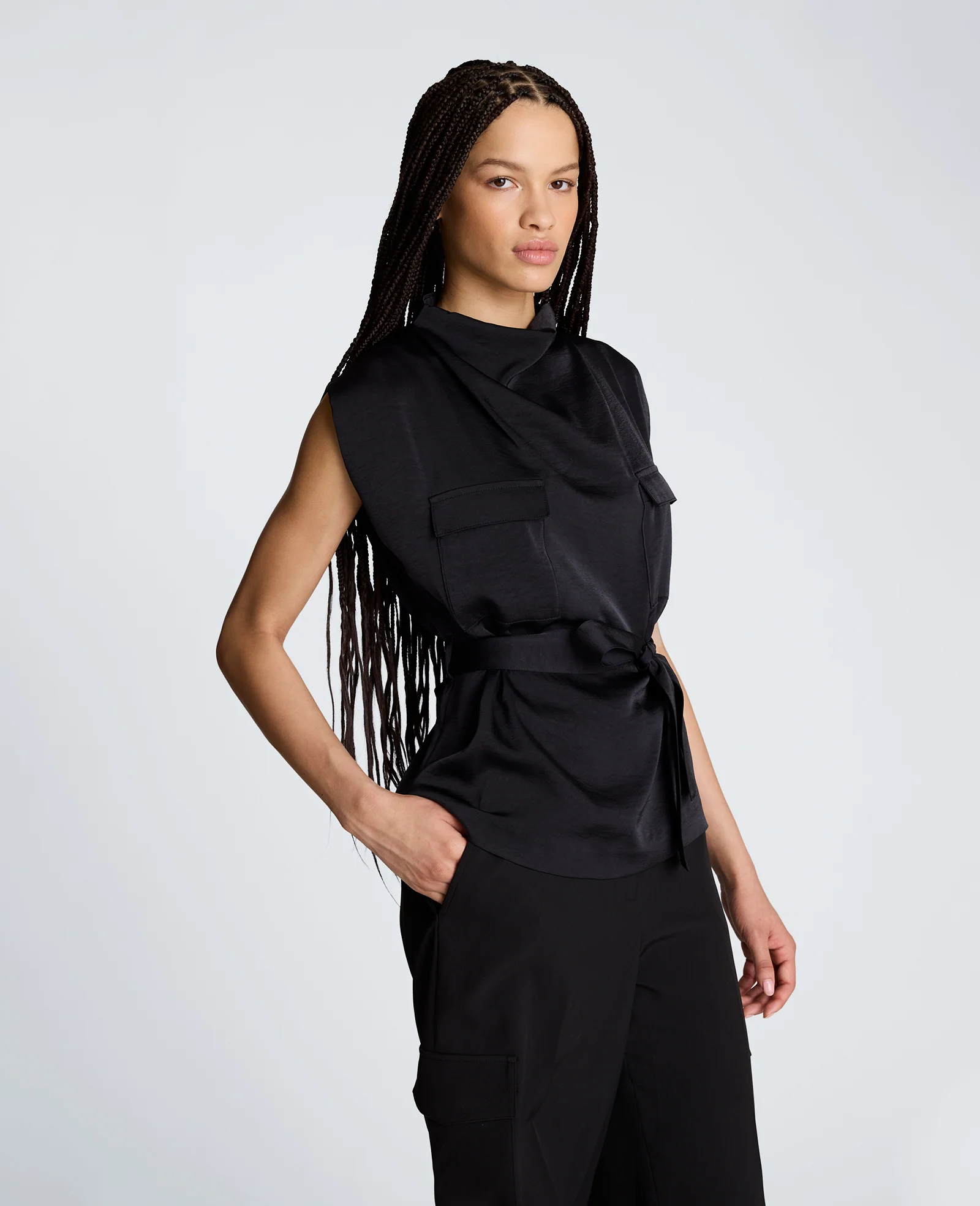 High Cowl Neck Belted Blouse with Chest Pockets - Image 4