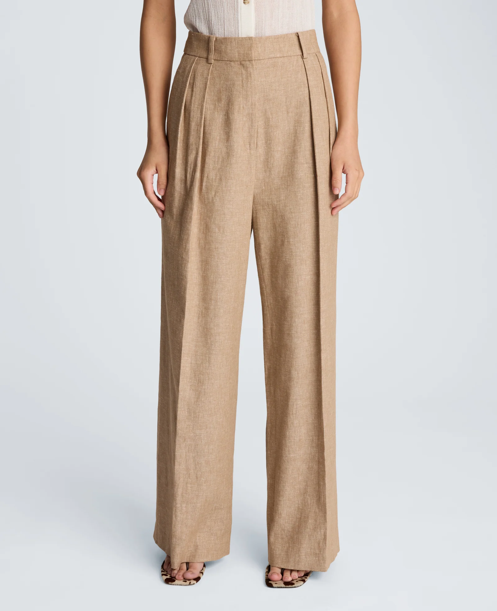 High Rise Fly Front Double Pleat Wide Leg Linen Blend Pant