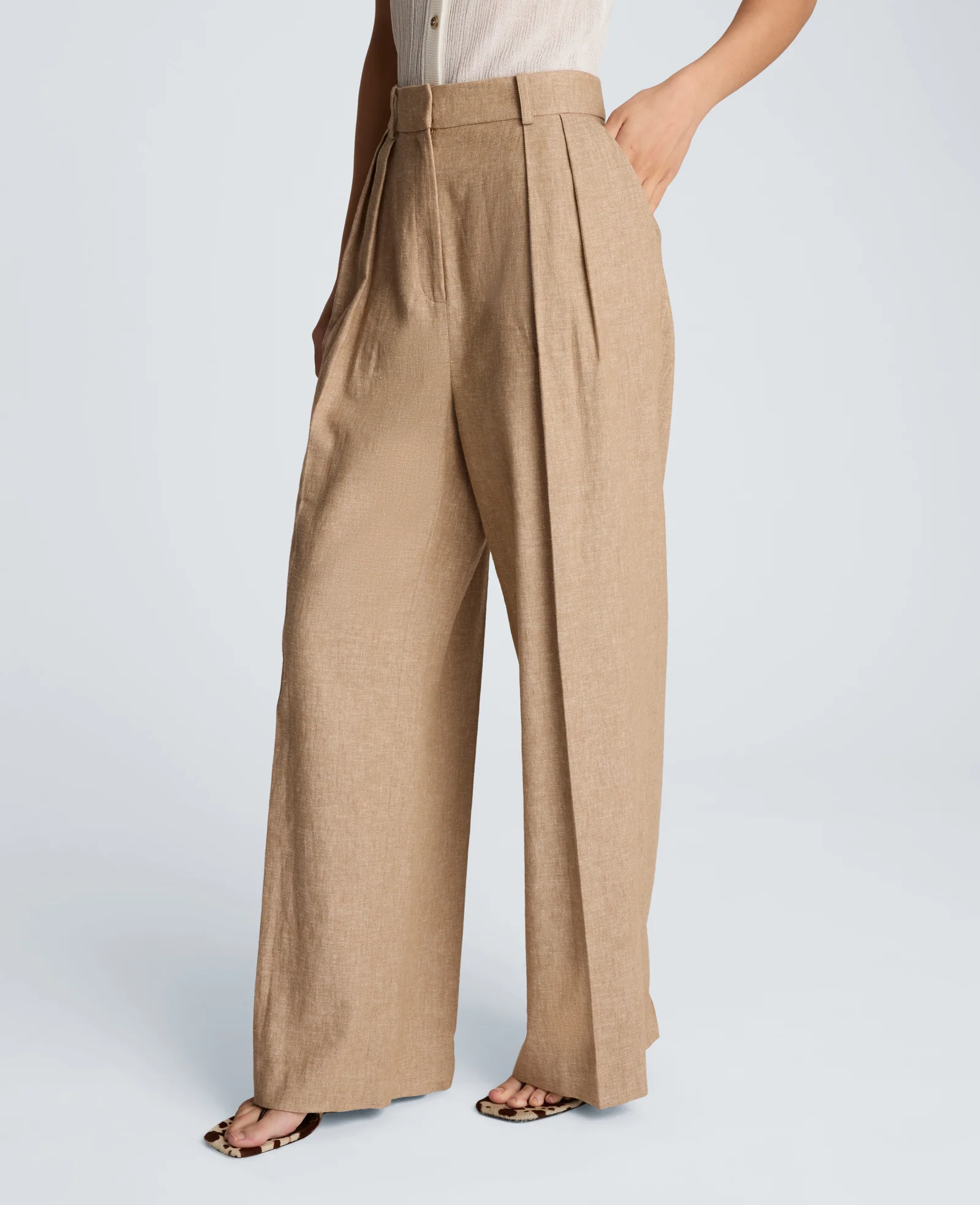 High Rise Fly Front Double Pleat Wide Leg Linen Blend Pant - Image 3