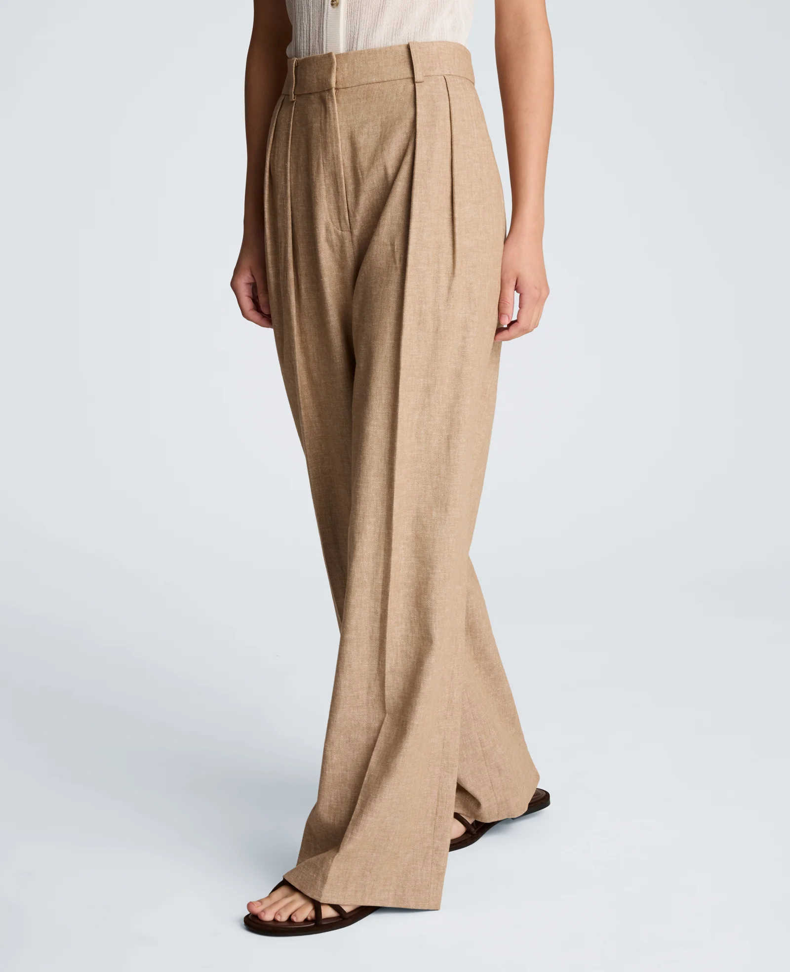 High Rise Fly Front Double Pleat Wide Leg Linen Blend Pant - Image 6