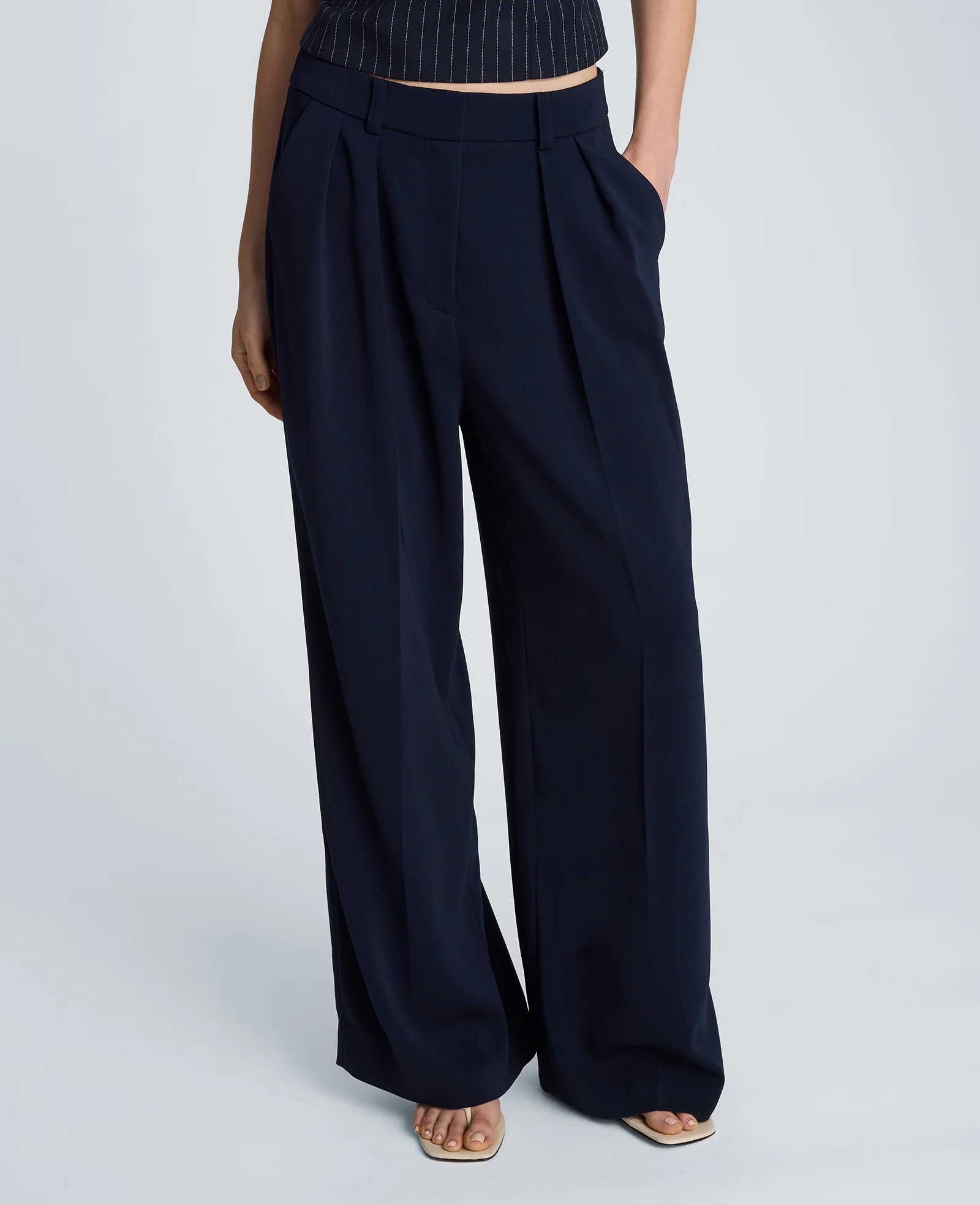 High Rise Fly Front Wide Leg Double Pleat Pant