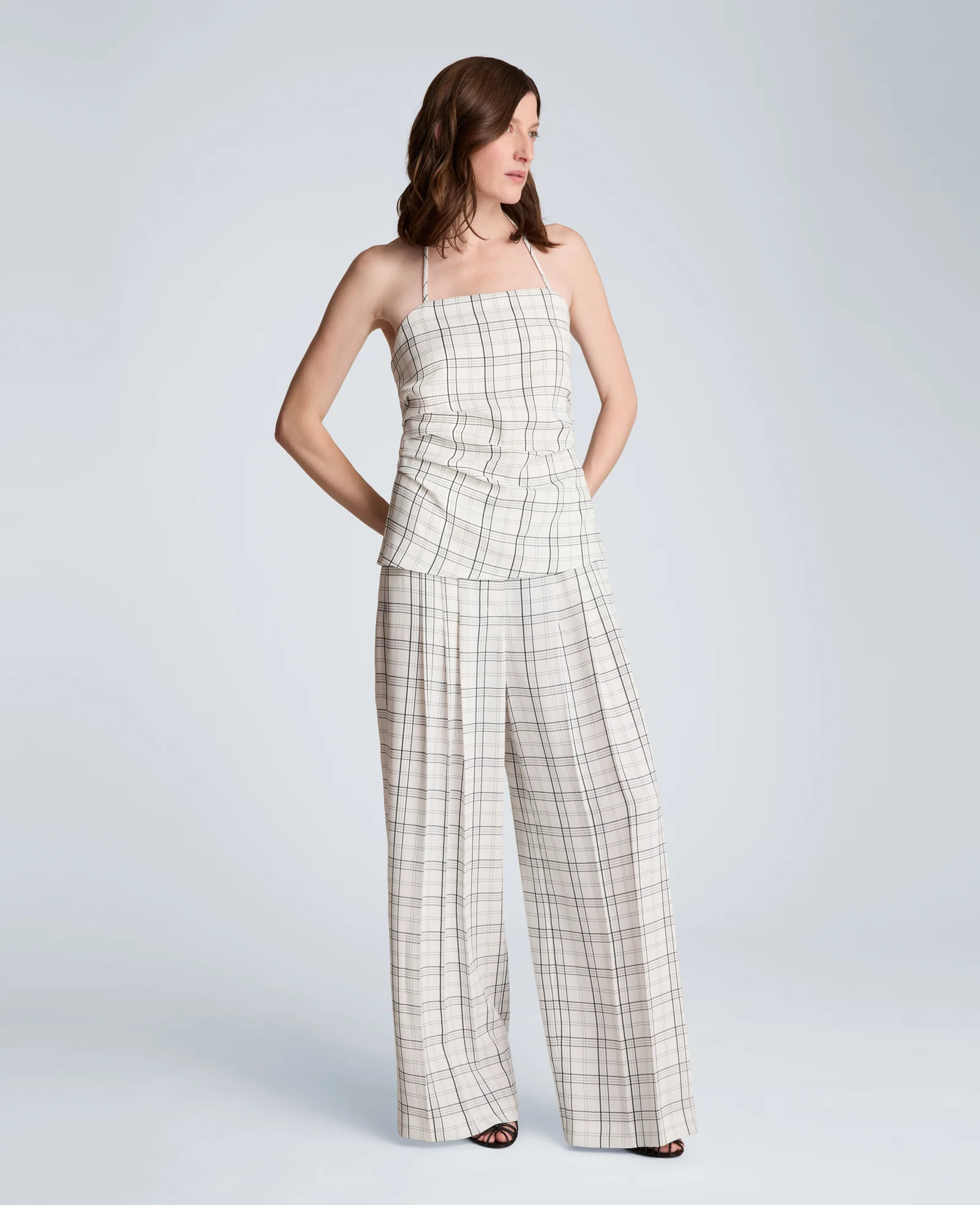 High Rise Fly Front Wide Leg Triple Pleat Lined Plaid Pant - Image 3