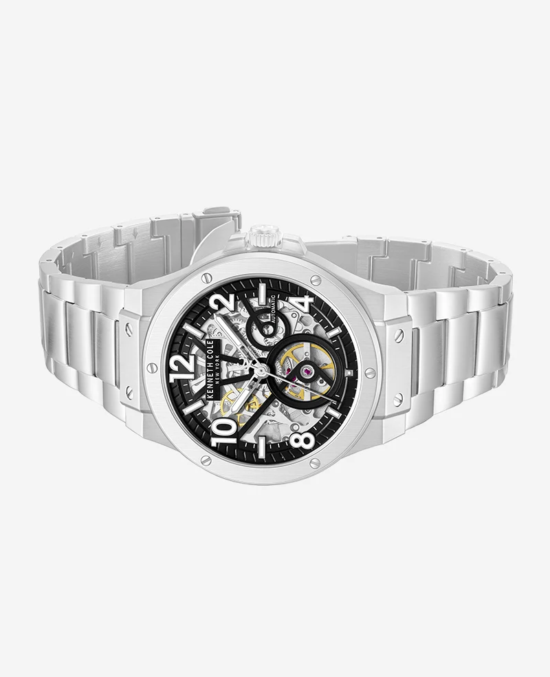 Skeleton Automatic Silver-IP Black Dial Stainless Steel Bracelet Watch - Image 5