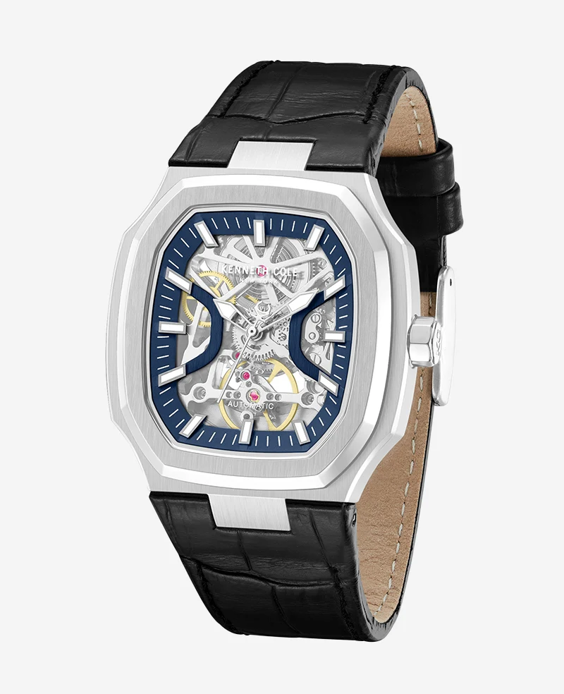 Skeleton Automatic Two-Tone Dial Leather Strap Watch - Image 4