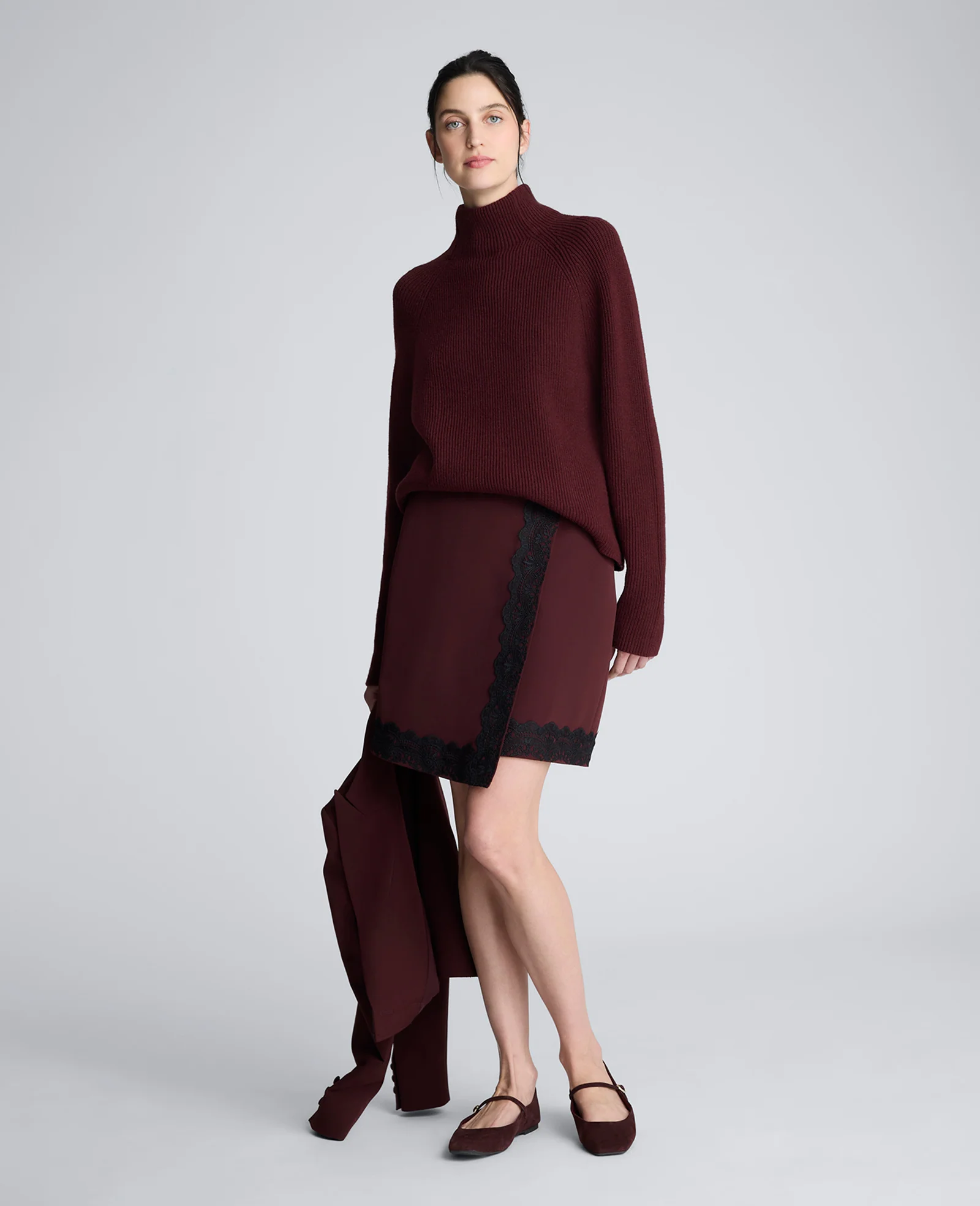 Luxe Twill Faux Wrap Mini Skirt With Lace Trim - Image 3