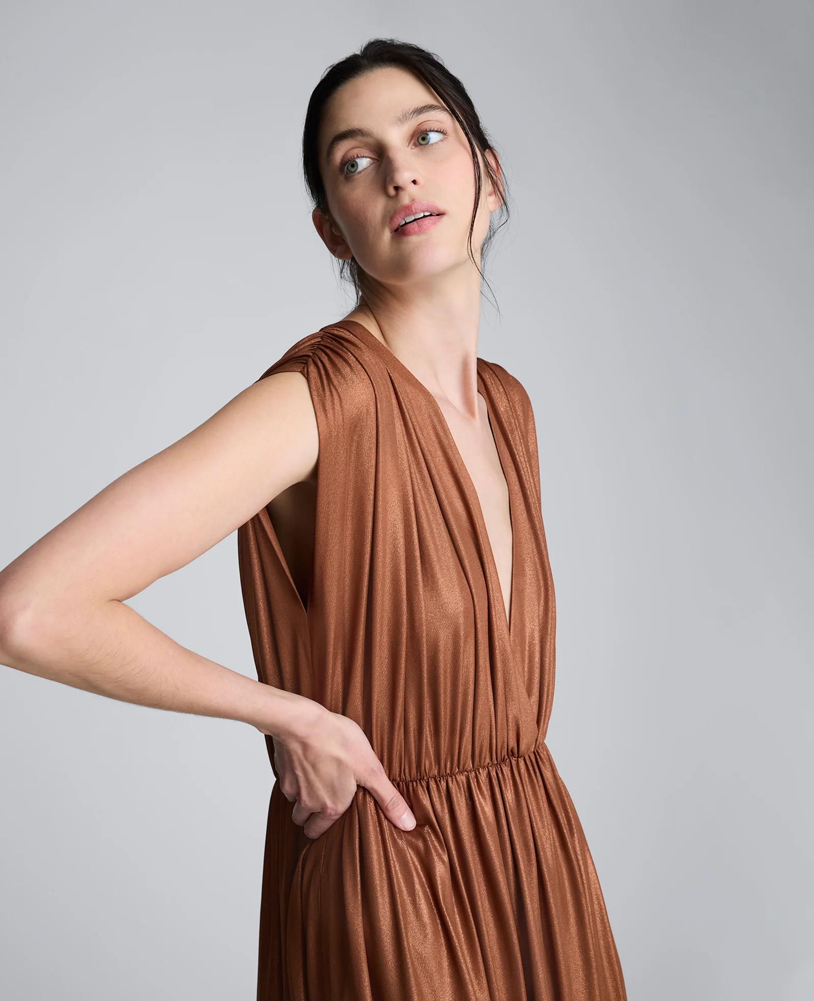 Metallic Knit Deep V-Neck Gathered Maxi Dress - Image 2