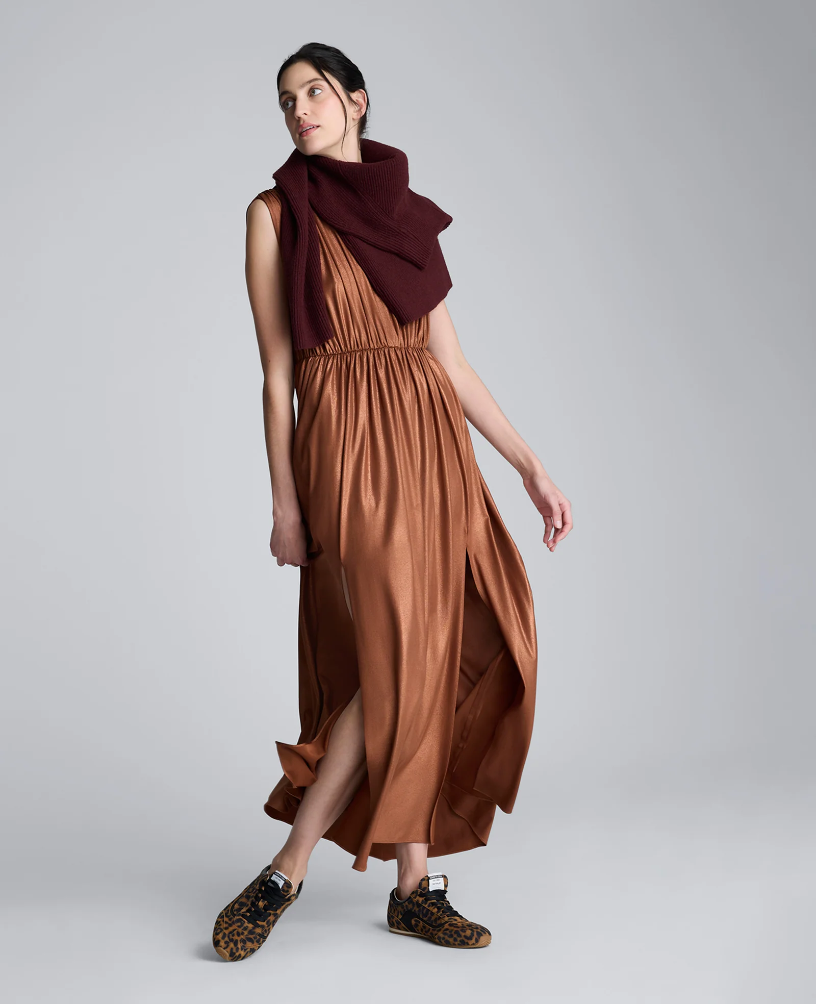 Metallic Knit Deep V-Neck Gathered Maxi Dress - Image 4