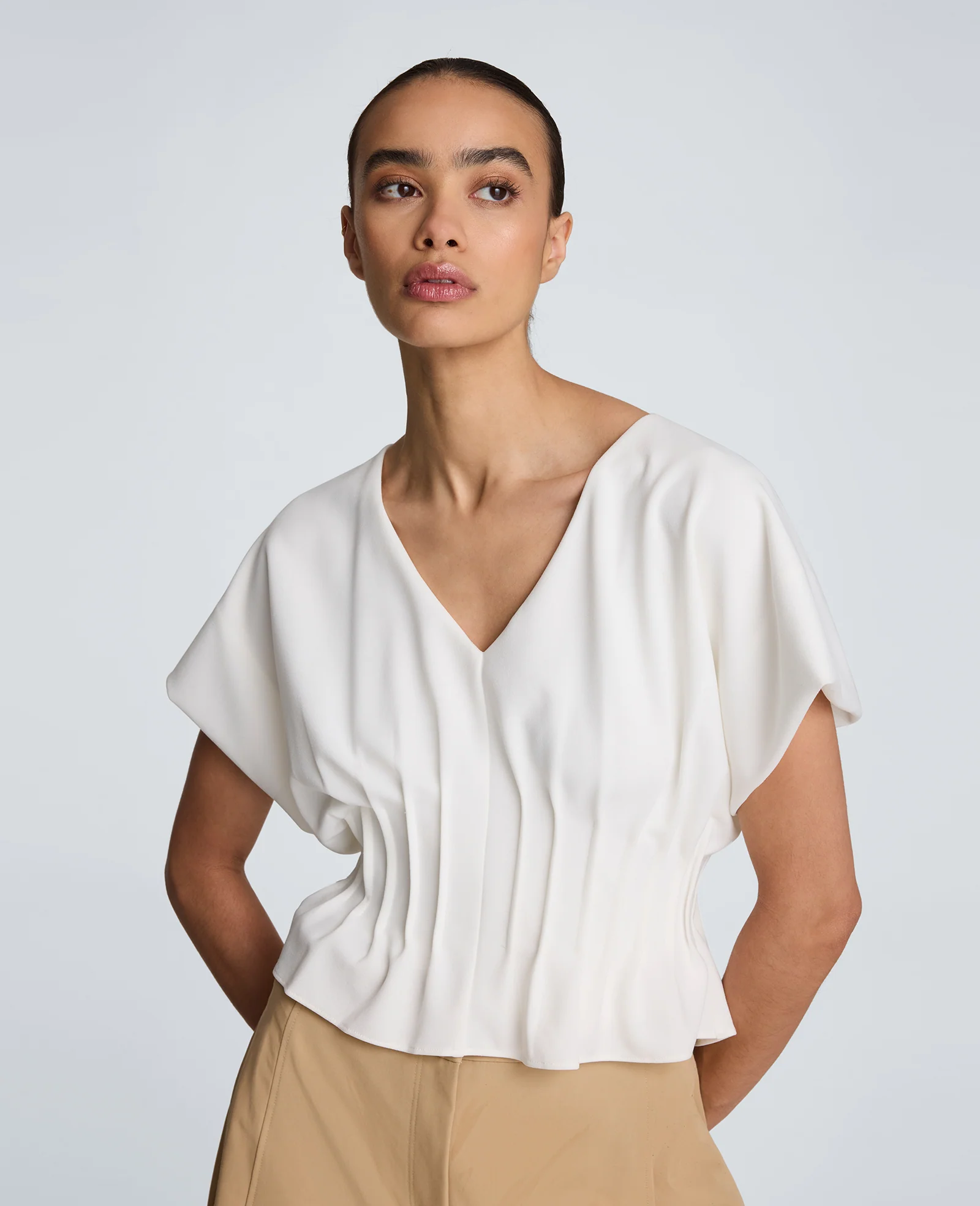 Pleated V-Neck Pullover Top