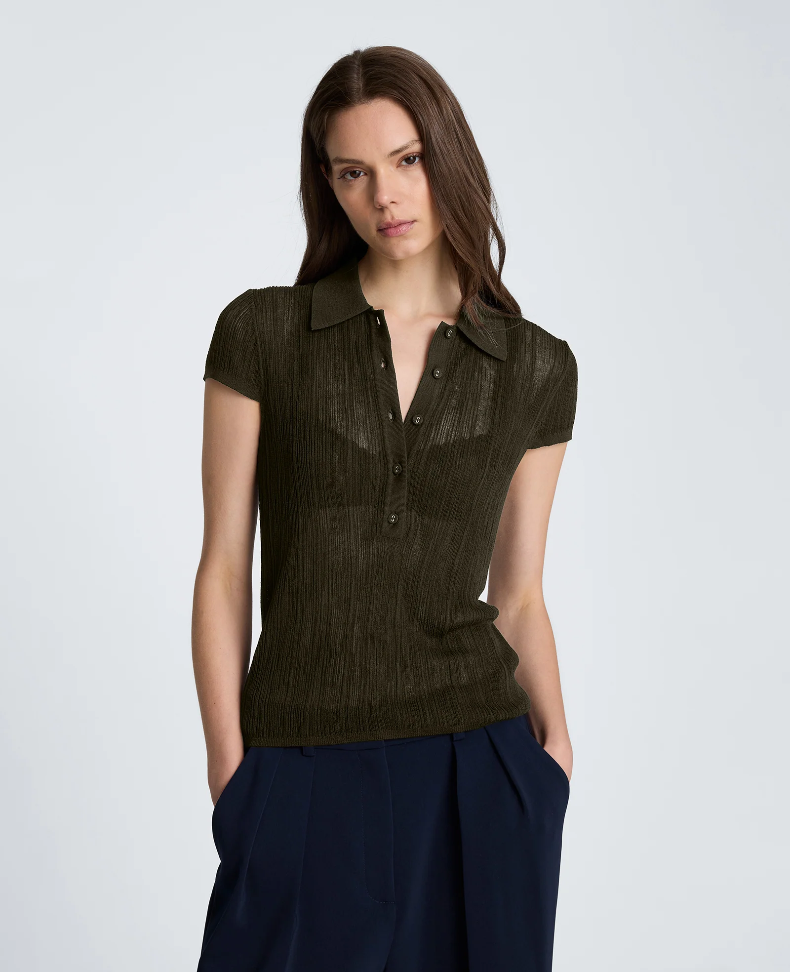 Polo Cap Sleeve Varigated Rib Sweater