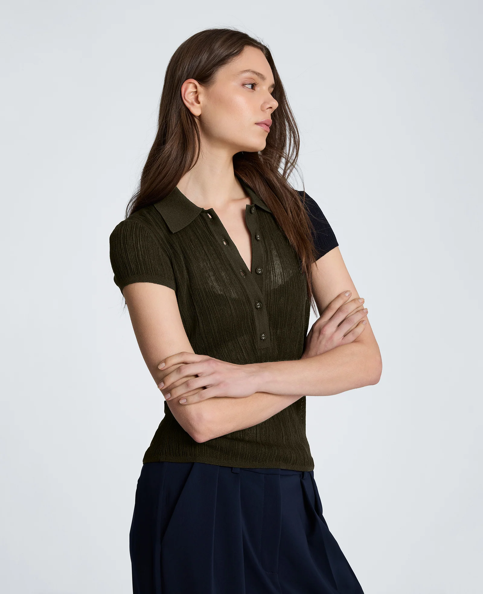 Polo Cap Sleeve Varigated Rib Sweater - Image 4