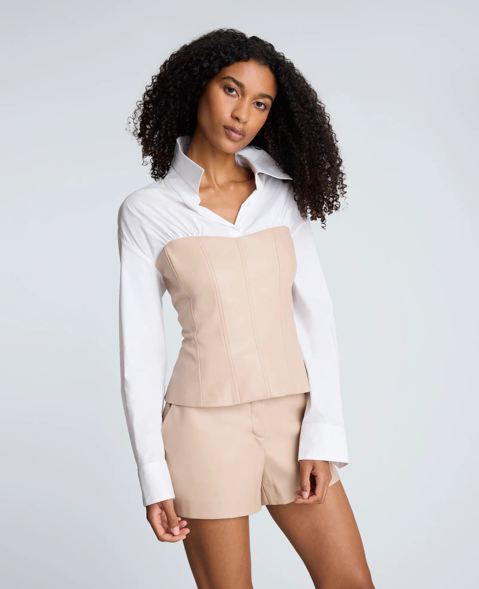 Poplin Y-Neck Top with Vegan Leather Bustier - Image 3