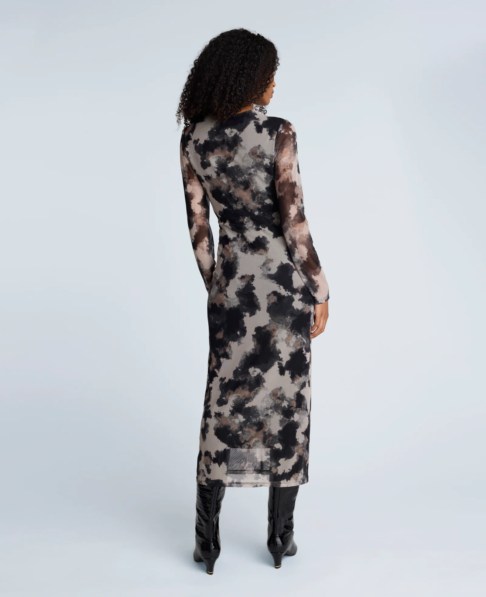 Printed Mesh Knot Front Long Sleeve Midi Dress - Image 2