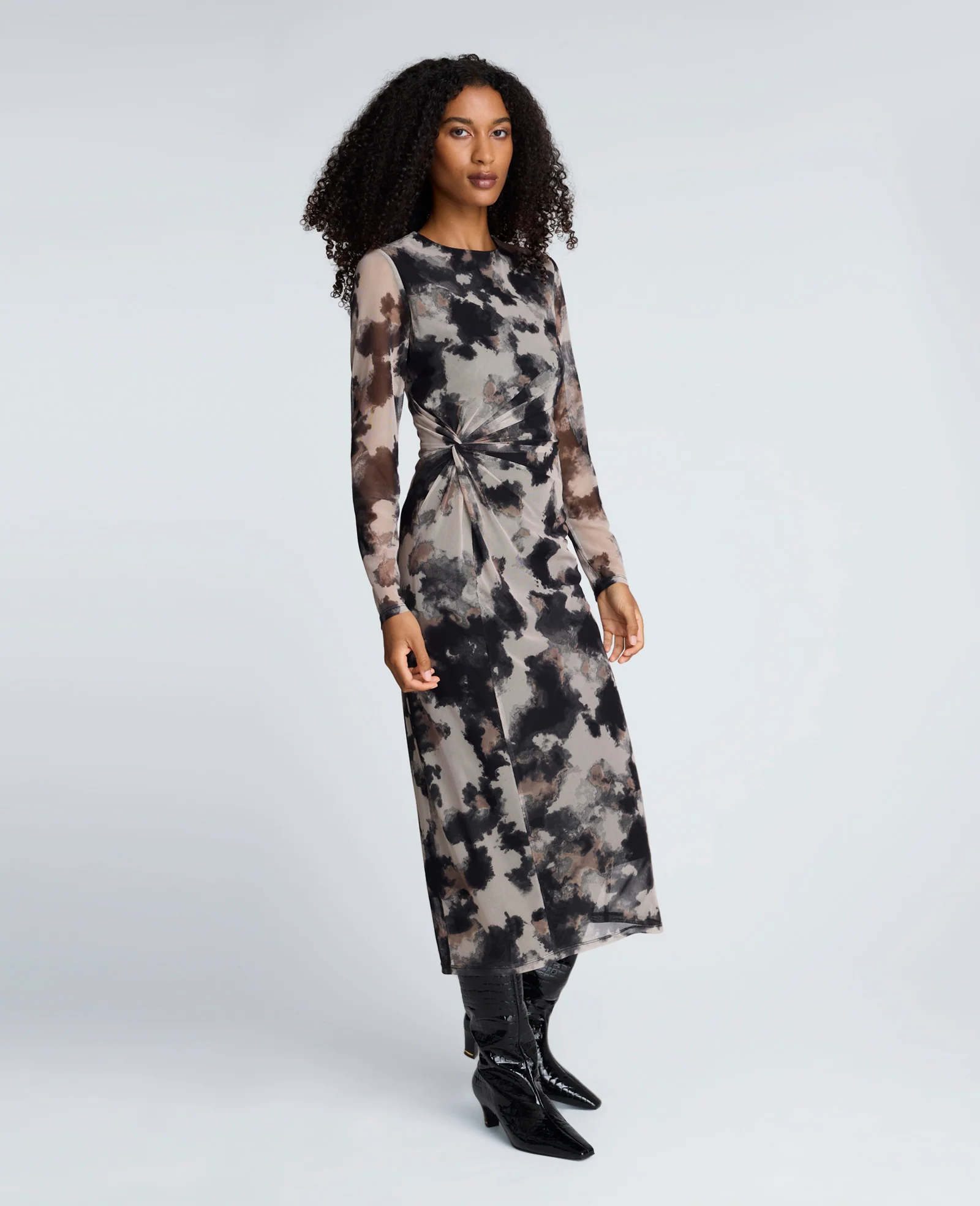 Printed Mesh Knot Front Long Sleeve Midi Dress - Image 3