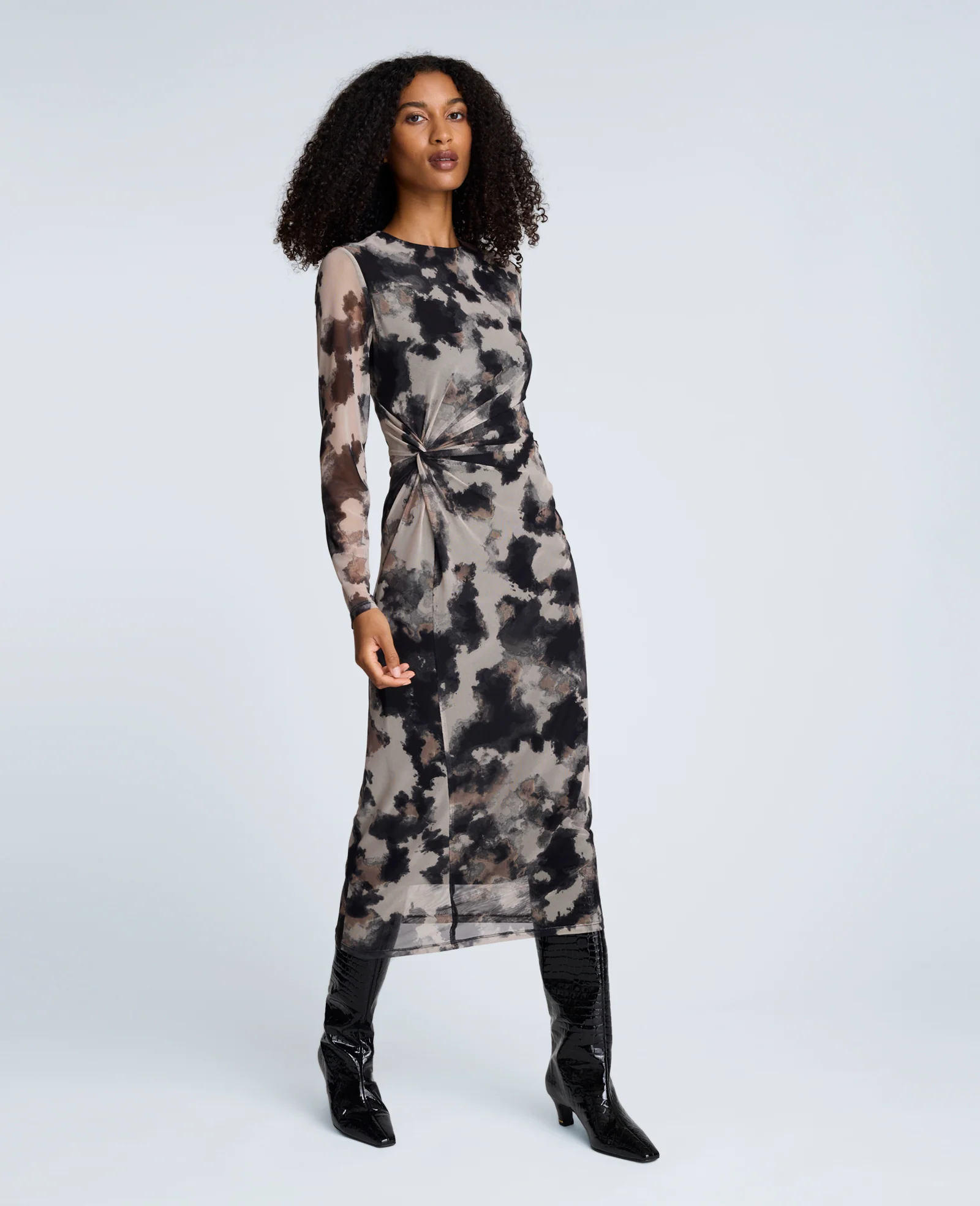 Printed Mesh Knot Front Long Sleeve Midi Dress - Image 4
