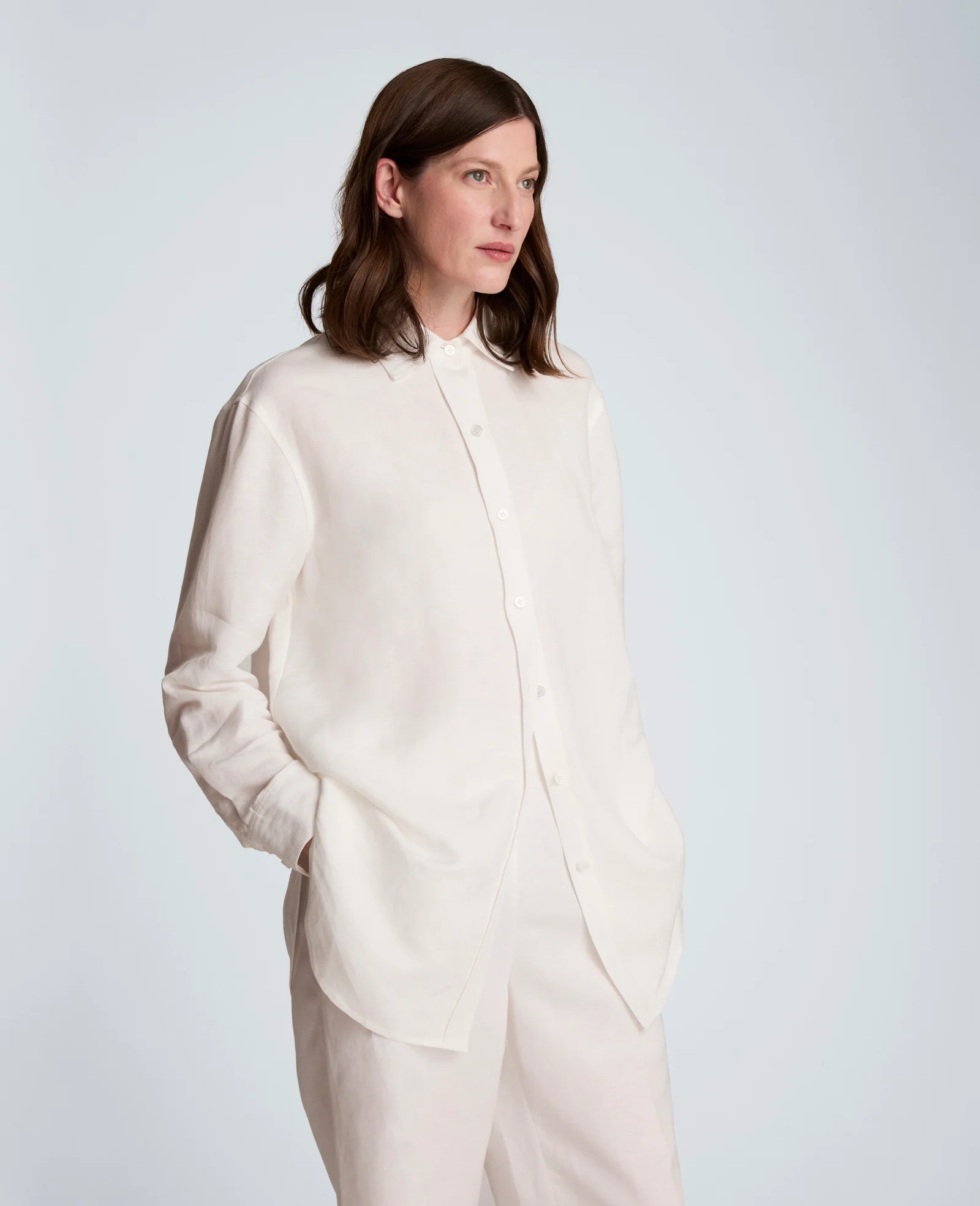 Refined Linen Drop Shoulder Button Front Boyfriend Shirt