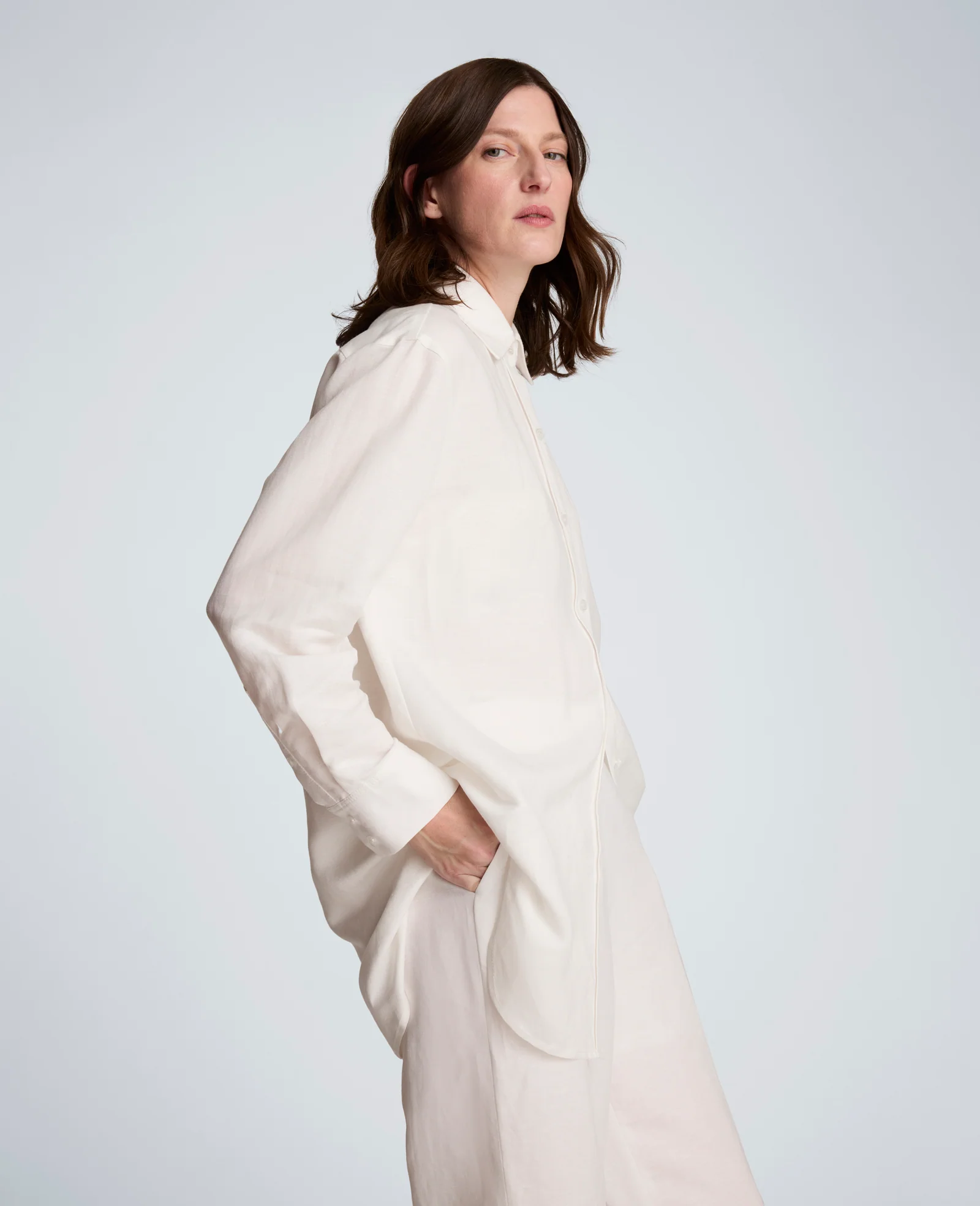 Refined Linen Drop Shoulder Button Front Boyfriend Shirt - Image 4