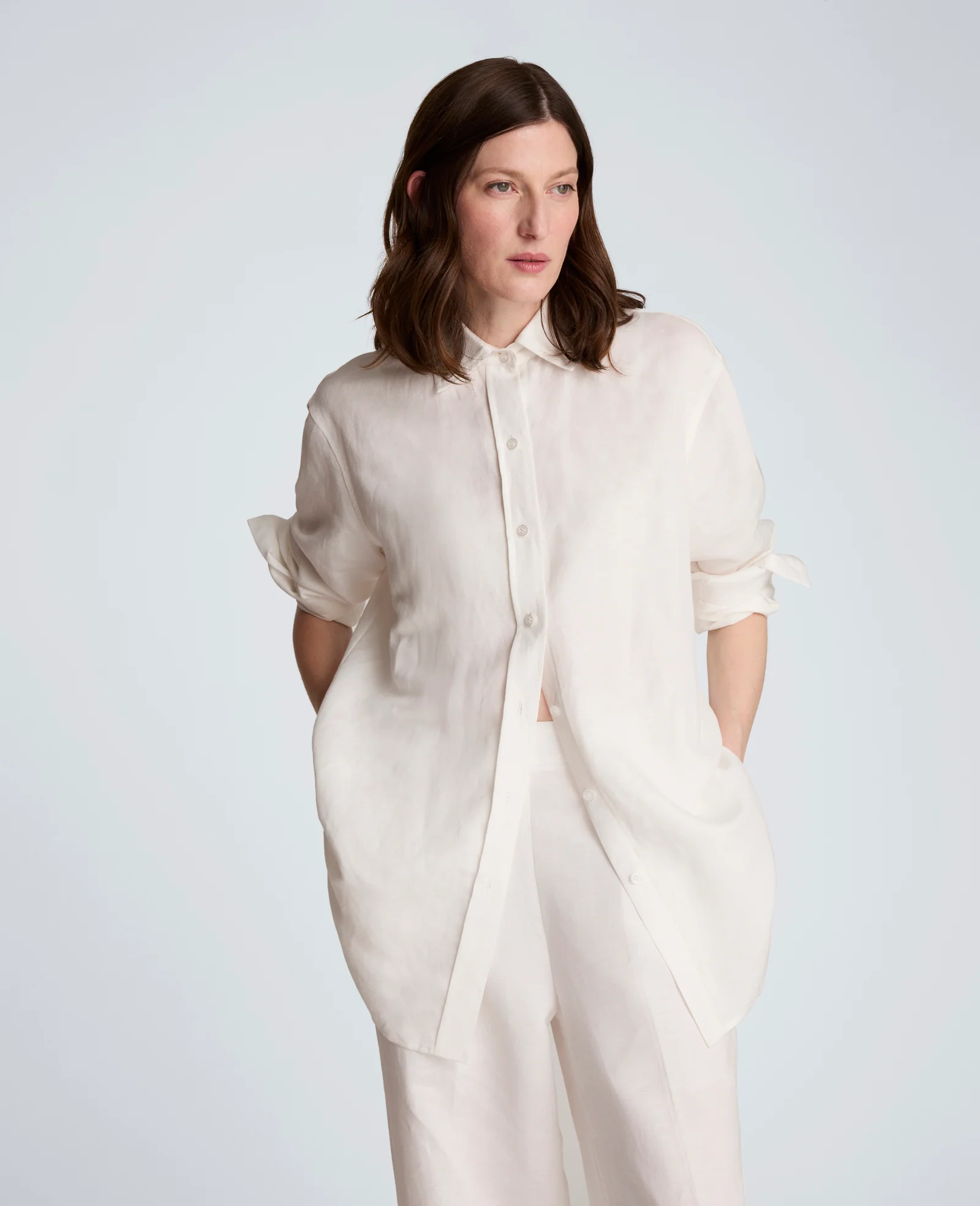 Refined Linen Drop Shoulder Button Front Boyfriend Shirt - Image 7