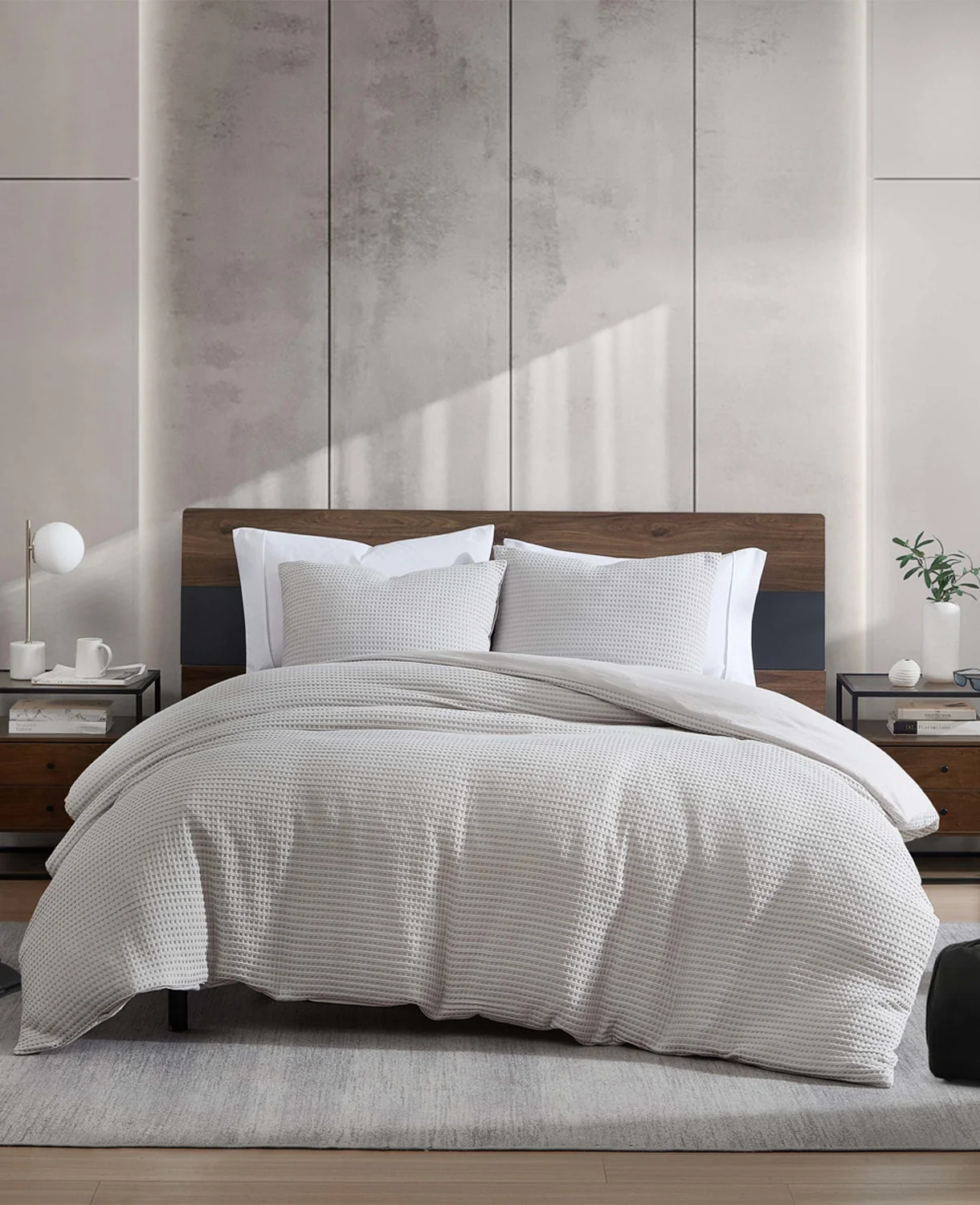 Reversible Solid Grey Waffle Duvet Cover Set - Image 12