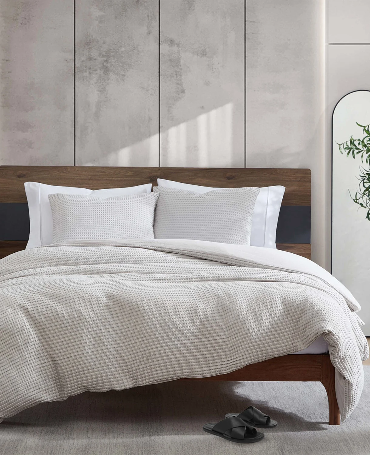 Reversible Solid Grey Waffle Duvet Cover Set - Image 16