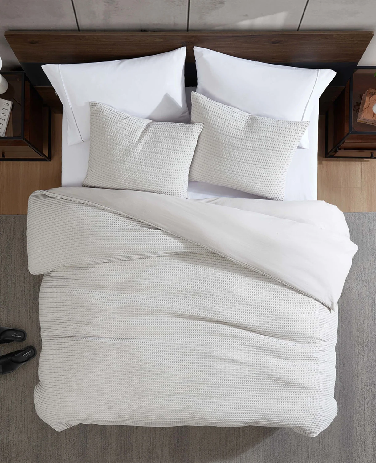 Reversible Solid Grey Waffle Duvet Cover Set - Image 5