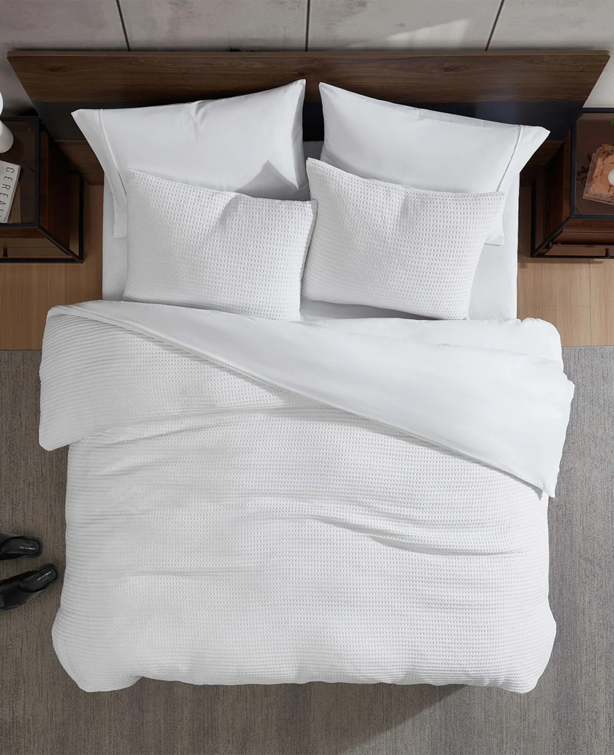 Reversible Solid White Waffle Duvet Cover Set - Image 14