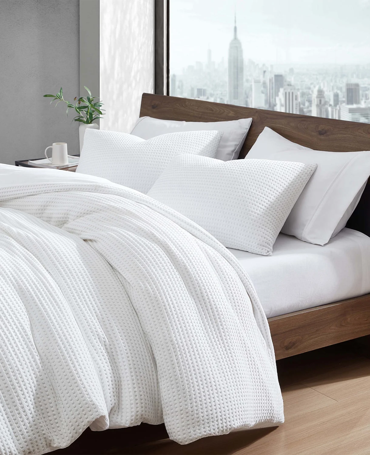 Reversible Solid White Waffle Duvet Cover Set - Image 2