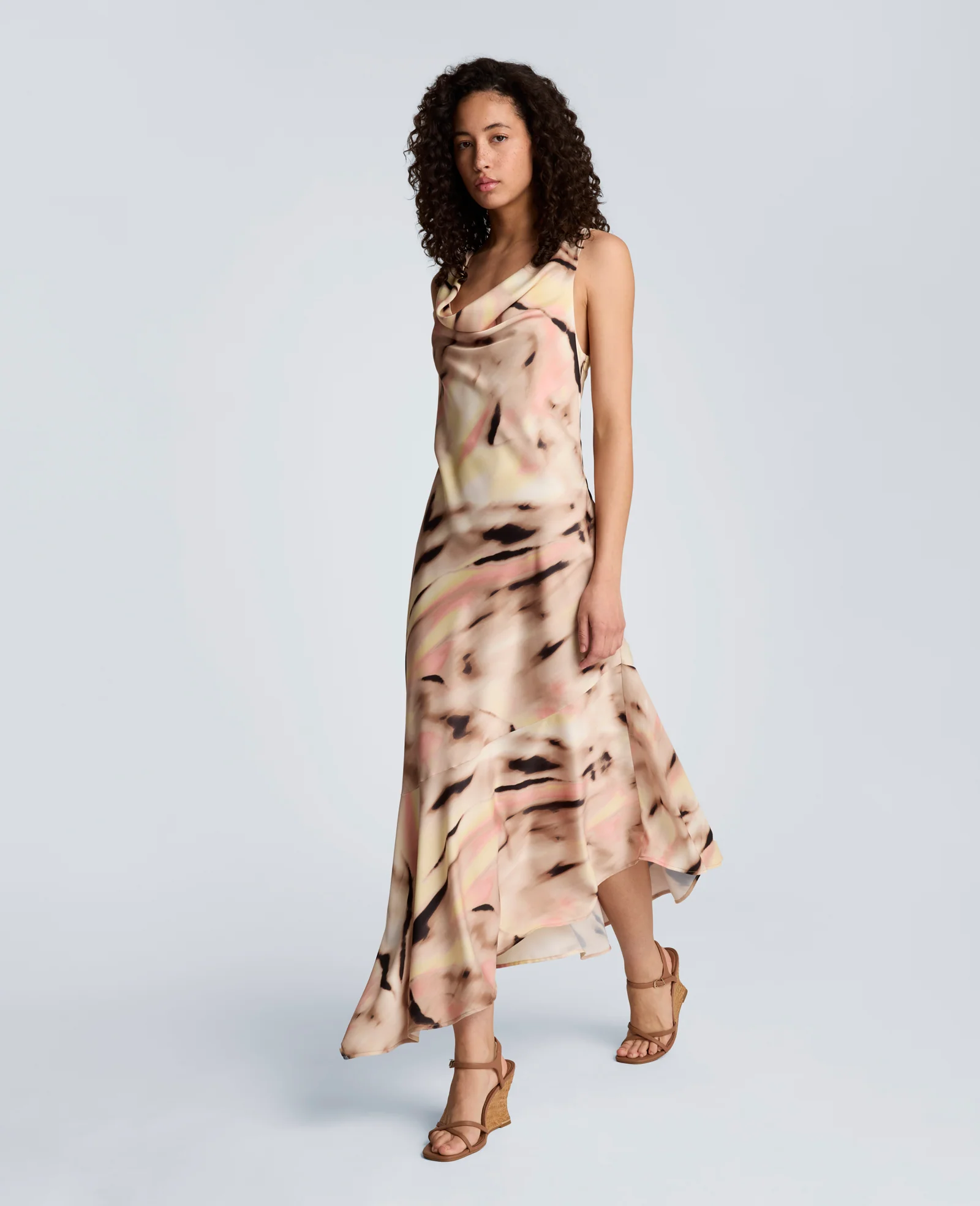 Satin Asymmetrical Hem Cowl Neck Dress