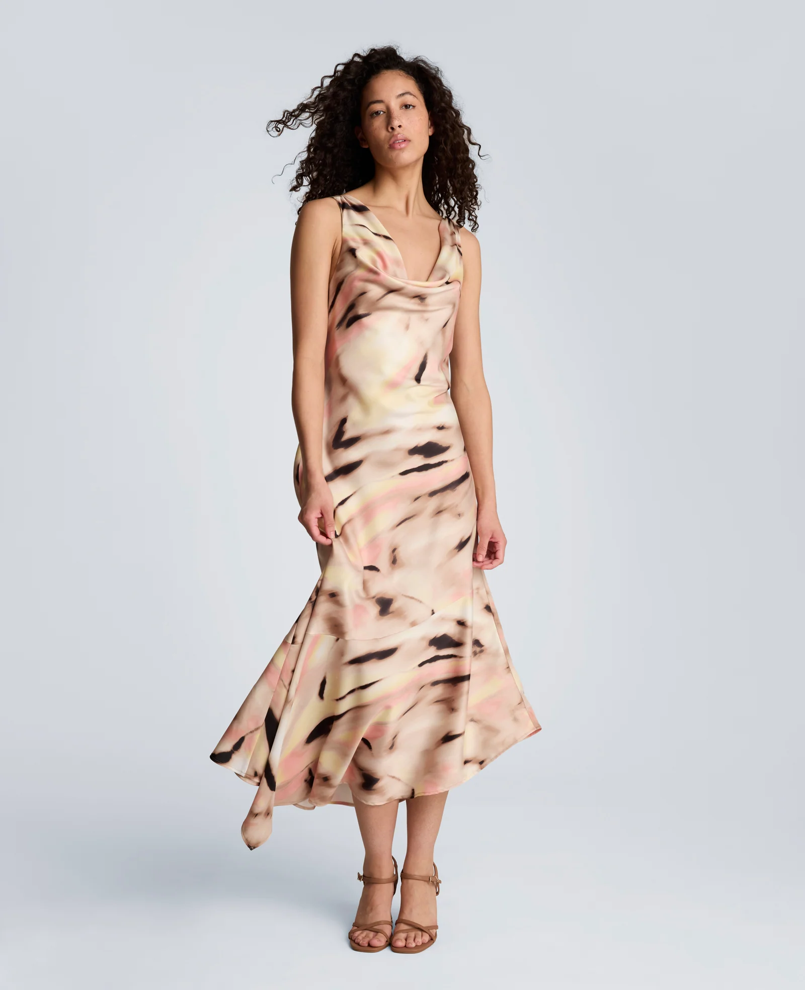 Satin Asymmetrical Hem Cowl Neck Dress - Image 3