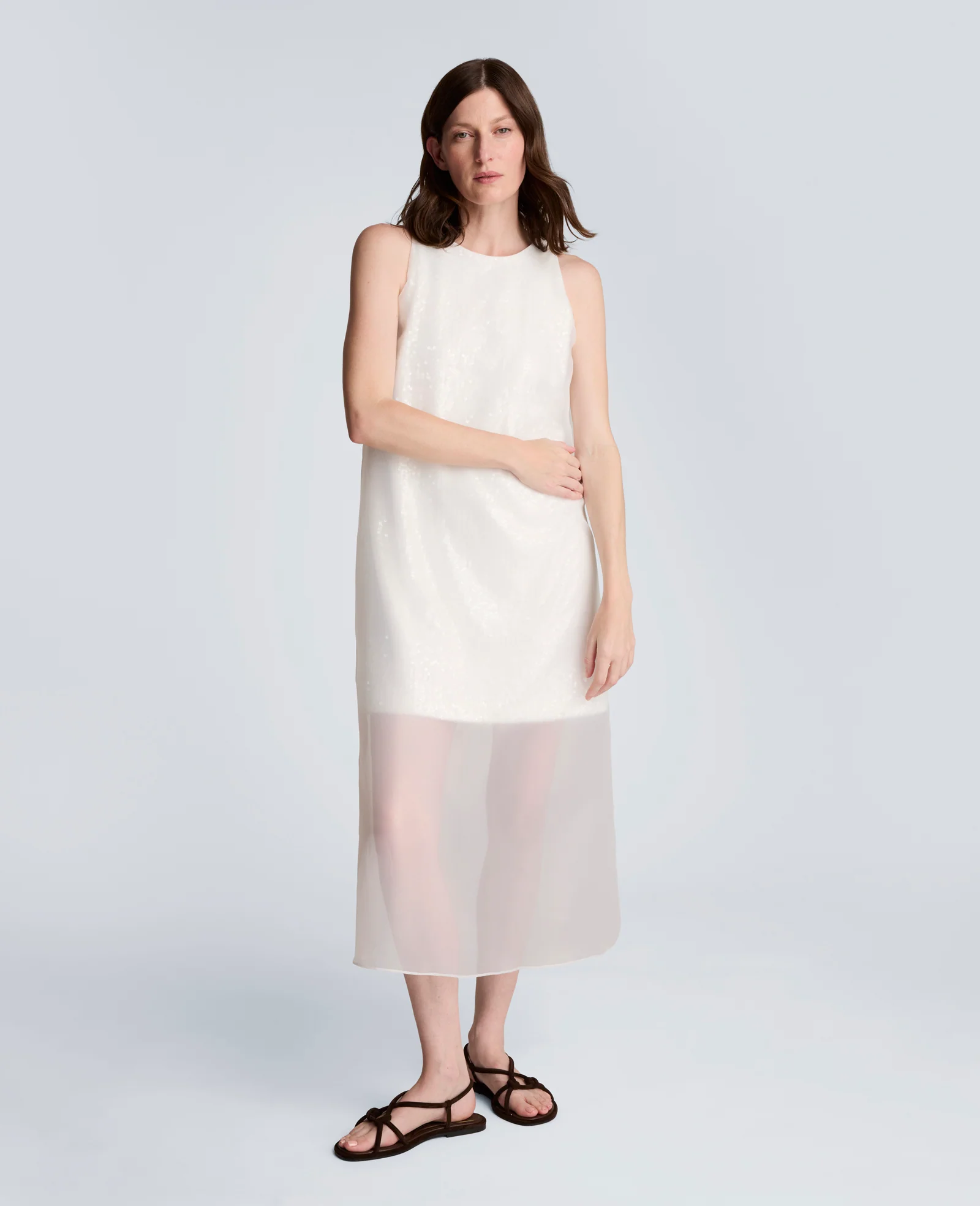 Sequin Sheer Overlay Crewneck Mini A-Line Dress
